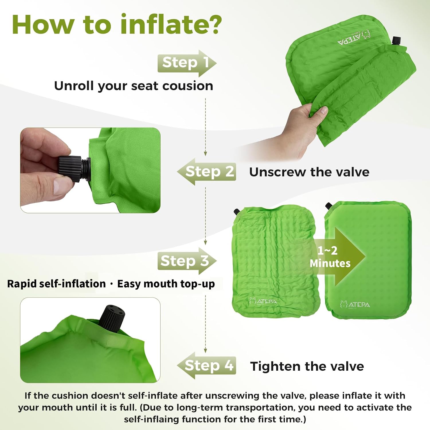 ATEPA Inflatable Seat Cushion, Self-Inflating Portable Stadium Airplane Travel Foam Cushion Pad for Camping, Sports Events, Outdoor
