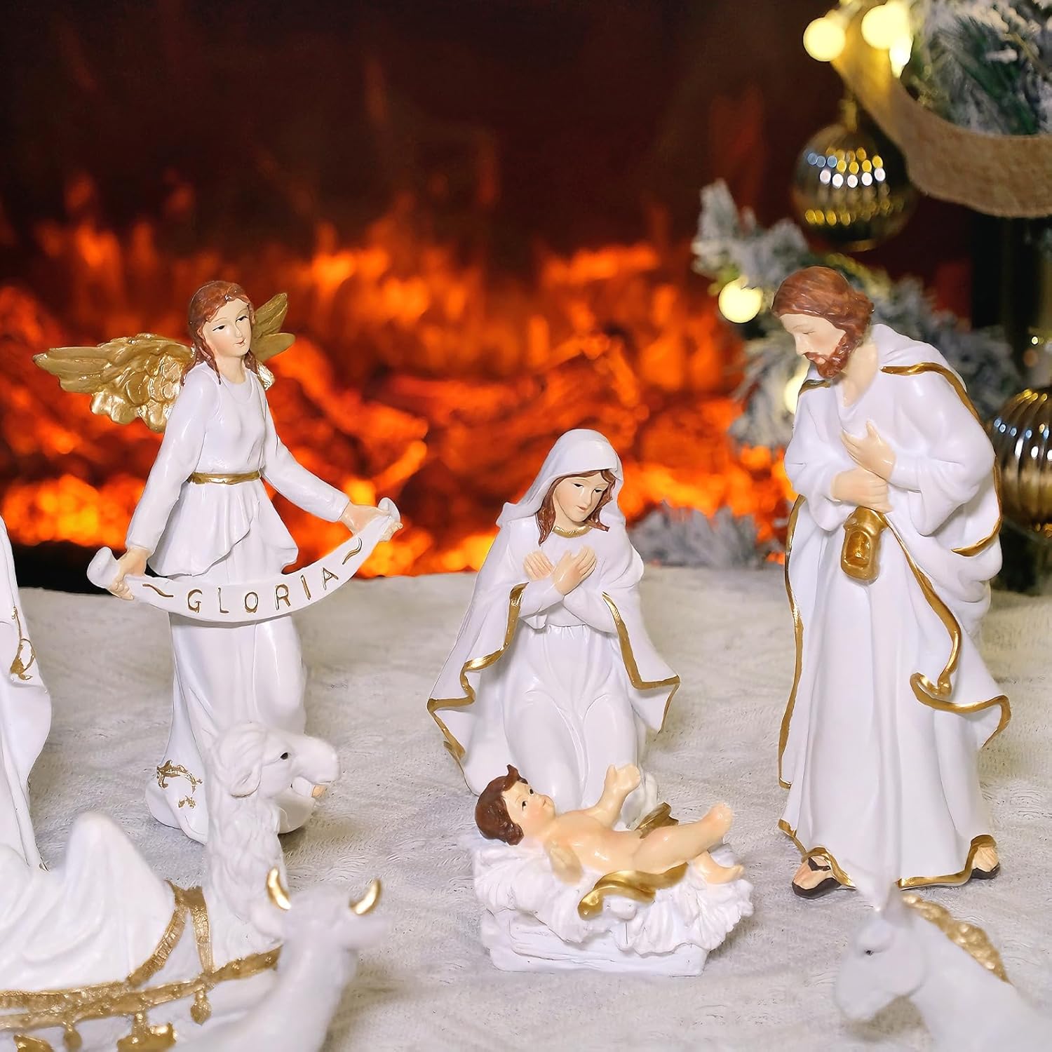 Nativity Set 12 Pieces Christmas Scene White Indoor Catholic Manger Set 8 Inches Tabletop Holiday for Home Decoration Statue Figurine Church Xmas Vintage Desktop Resin Collectible Chapel Decor