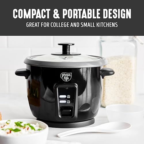 Miniatura 7 de GreenLife Olla arrocera con olla antiadherente extraíble sin PFAS, 3 tazas sin cocinar6 tazas cocidas, diseño de un interruptor, función de
