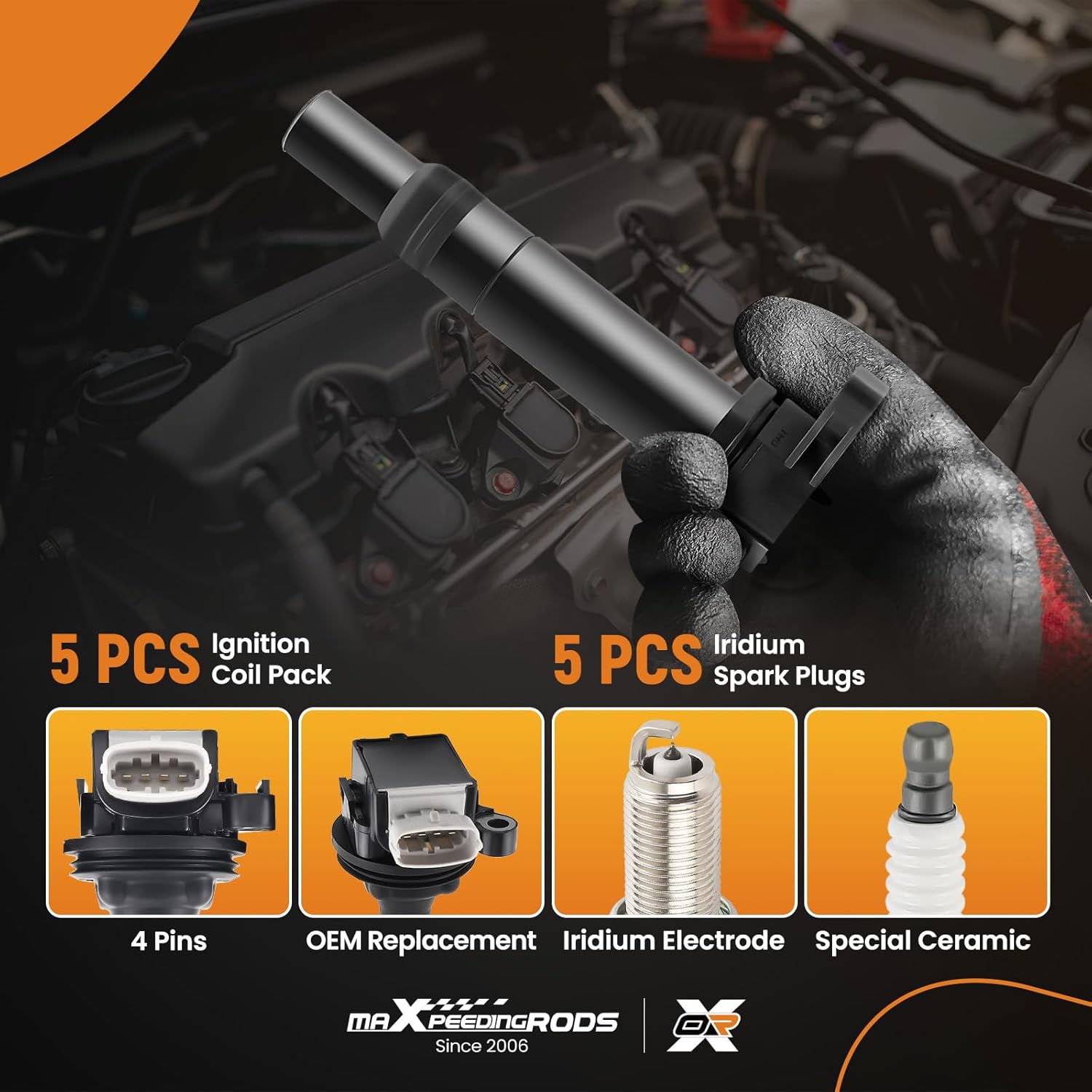 maXpeedingrods UF517 Ignition Coil Pack and Iridium Spark Plugs for Volvo S40 C30 C70 S40 S60 V50 V70 XC70, 2.4L 2.5L L5 Engine Coils Kit AP5325