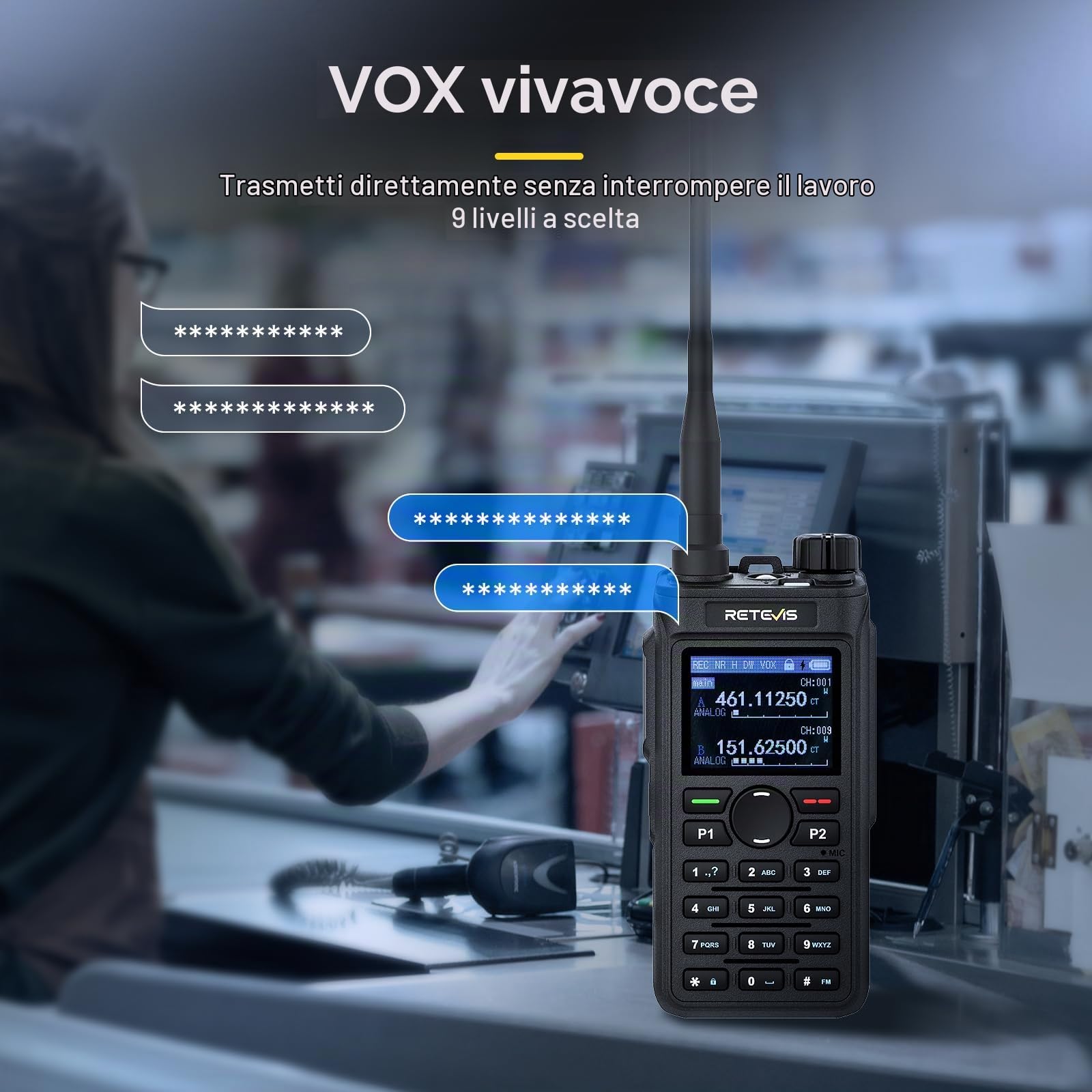 Retevis C62 Walkie Talkie Lungo Raggio, Doppia Banda Ham Radio Ricetrasmittenti Professionali, Walkie Talkie Ricaricabili Con le cuffie, 2000mAh, per Ristoranti, Alberghi e Supermercati (2 Pezzo)