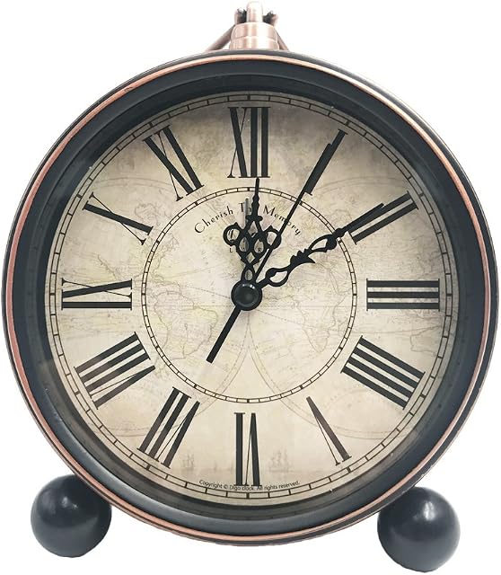 Classic Retro Desk Clock, SAYTAY European Style Vintage Silent Desk Alarm Clock Home Decorative Clock Non Ticking Quartz Movement Battery Operated HD Glass Lens, Easy to Read (Roman No Black)