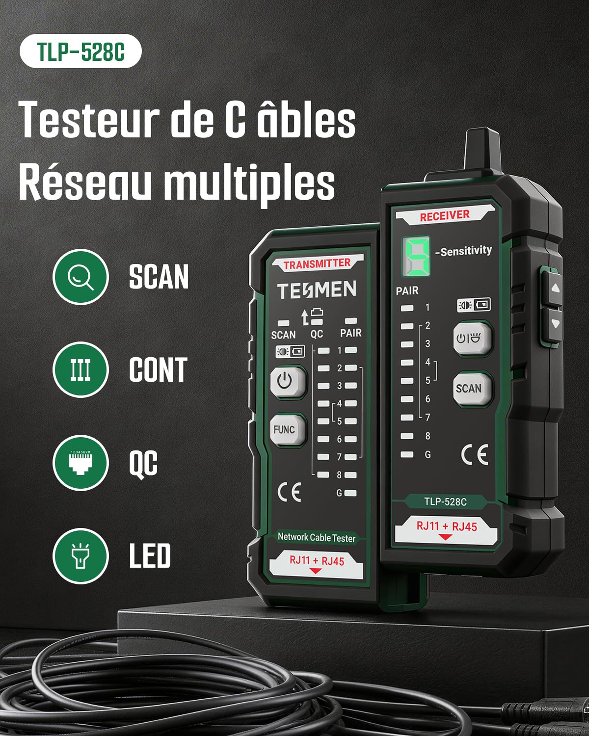TESMEN TLP-528C Testeur de câbles réseau, RJ11/RJ45, détecteur Ethernet CAT5/CAT6 avec test de continuité & QC, localisateur LAN et téléphonique, idéal pour maintenance des câbles – Vert