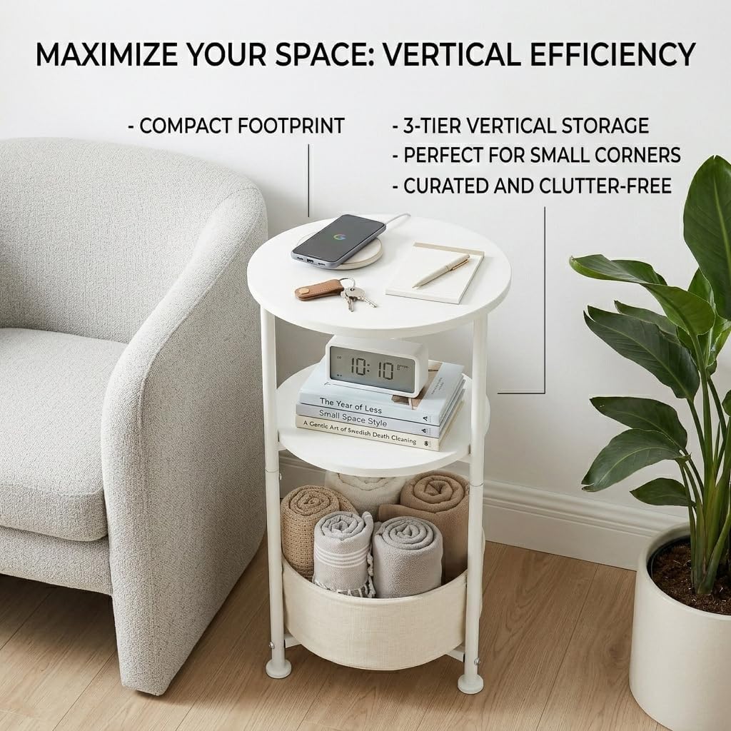 Small Round Side Table with Storage Basket, 3-Tier Narrow End Table Nightstand for Living Room Bedroom, 11.8" Diameter Modern Bedside Table for Small Spaces, Wood Grain & Metal Frame (White)