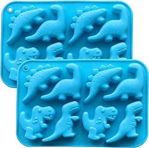 Paquete de 2 moldes de dinosaurio de silicona para gelatina de dinosaurio para chocolate, moldes de caramelo de dinosaurio 3D, moldes de galletas,