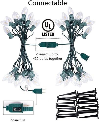 Miniatura 5 de Luces de Navidad C9 para exteriores, 4 paquetes en total de luces de camino de Navidad de 103 pies con 80 bombillas LED y estacas, decoraciones de