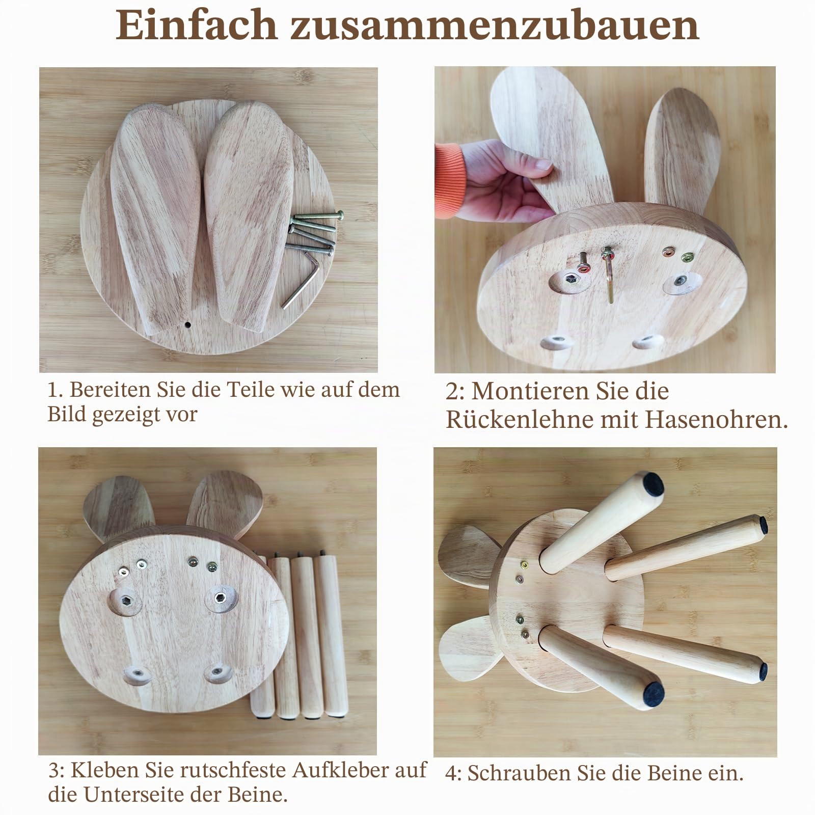 Massivholz-Ständerhocker, individuelle Hasenohren-Form, Rückenlehne, kleiner Kinderstuhl, runde Holz-Kindermöbel zum Essen, Lesen und Spielen (Holzfarbe)