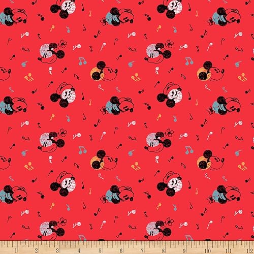 Disney Mickey Minnie Vintage Mouse Music Red - Tela acolchada por yarda