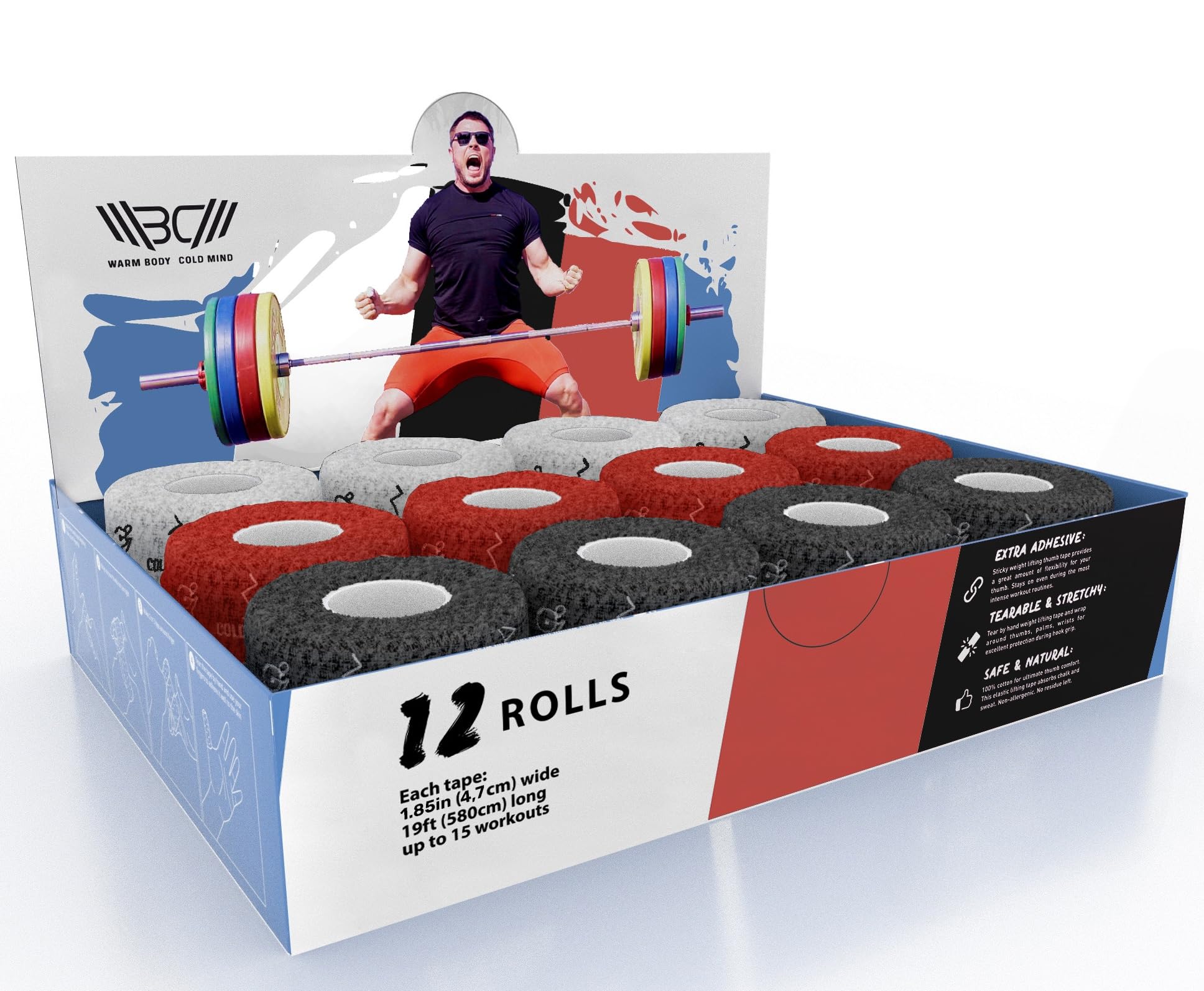 WARM BODY COLD MIND Weight Lifting Thumb Tape - Hook Grip Tape for Crossfit, Weightlifting Powerlifting Deadlift, Sticky & Stretchy Athletic Grip Tape