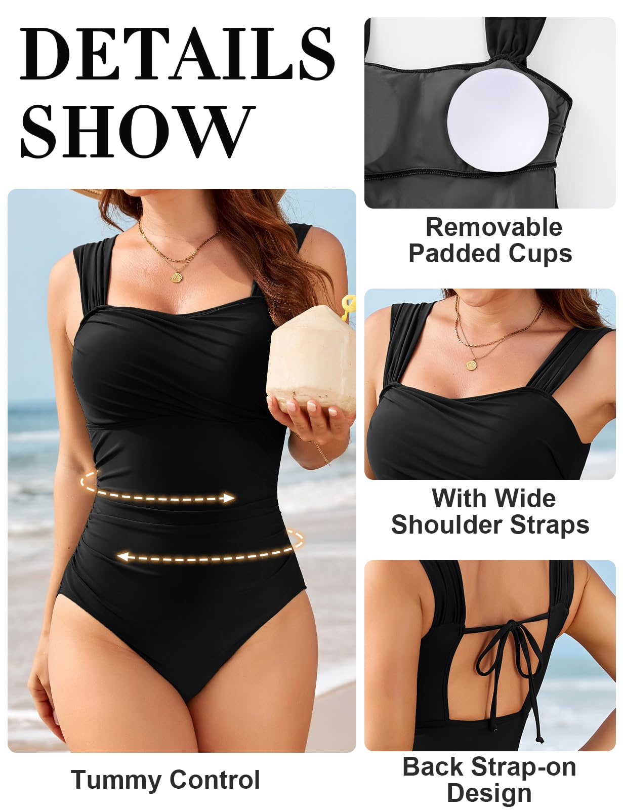 Nadeer Maillot de Bain Femme 1 Pieces Elégant Gainant Ventre Plat Monokini Vintage Maillots Une Pièce Push Up Swimwear Piscine de Plage Beachwear