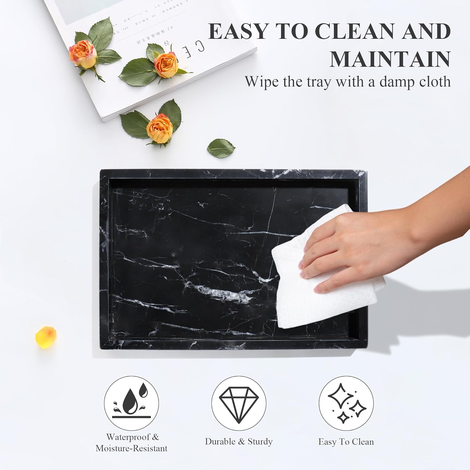 Real Natural Marble Tray for Bathroom, Genuine Marble Stone Vanity Tray, Luxury Storage Trays for Kitchen, Vanity, Home Decor, Dresser, Non-Resin/Non-Ceramic, 12"x 8"x 1.2", Black - Image 6