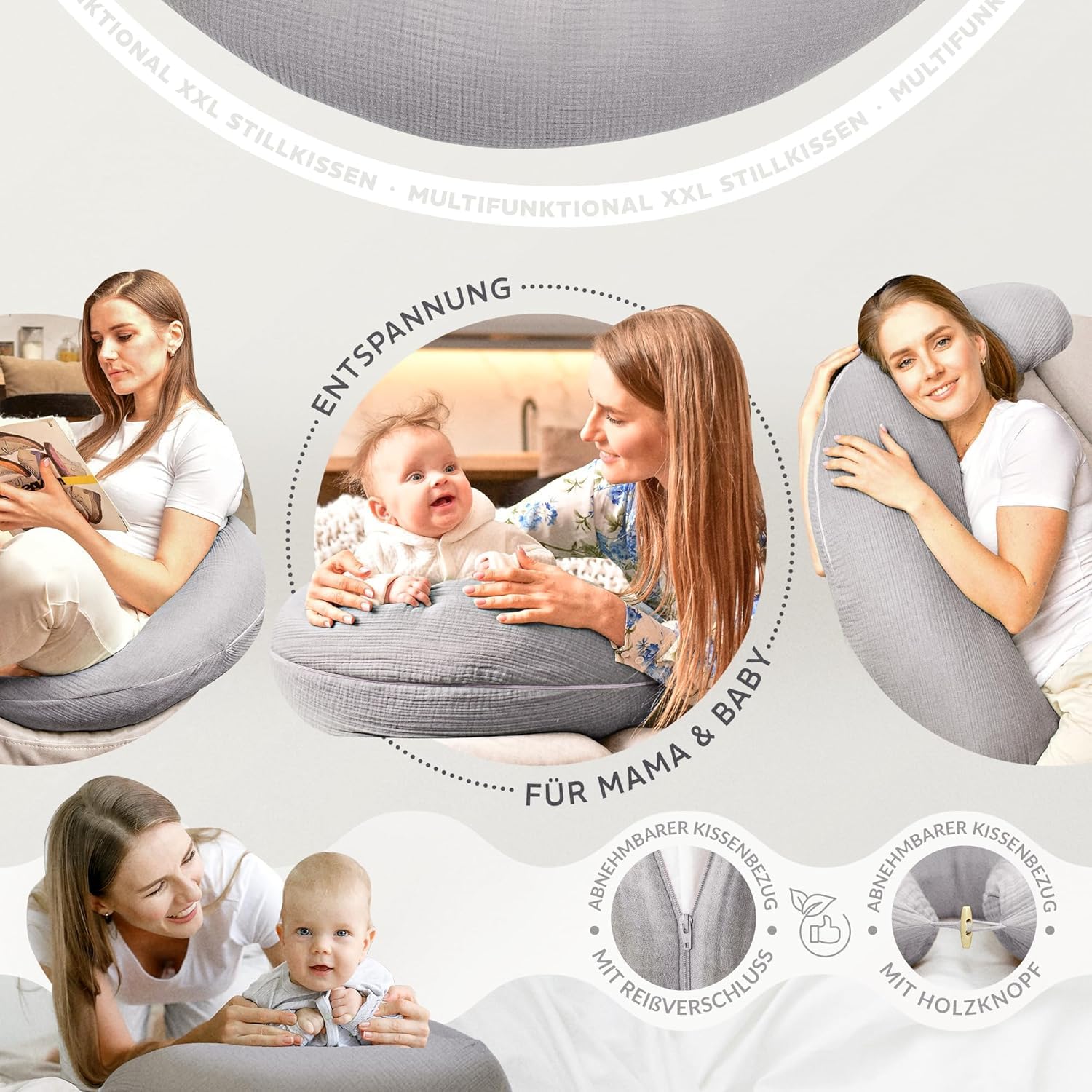 Sei Design XXL Stillkissen 190 cm x 35 cm Musselin-Bezug ergonomisch Schwangerschaftskissen Seitenschläferkissen Komfortkissen Bio-Baumwolle