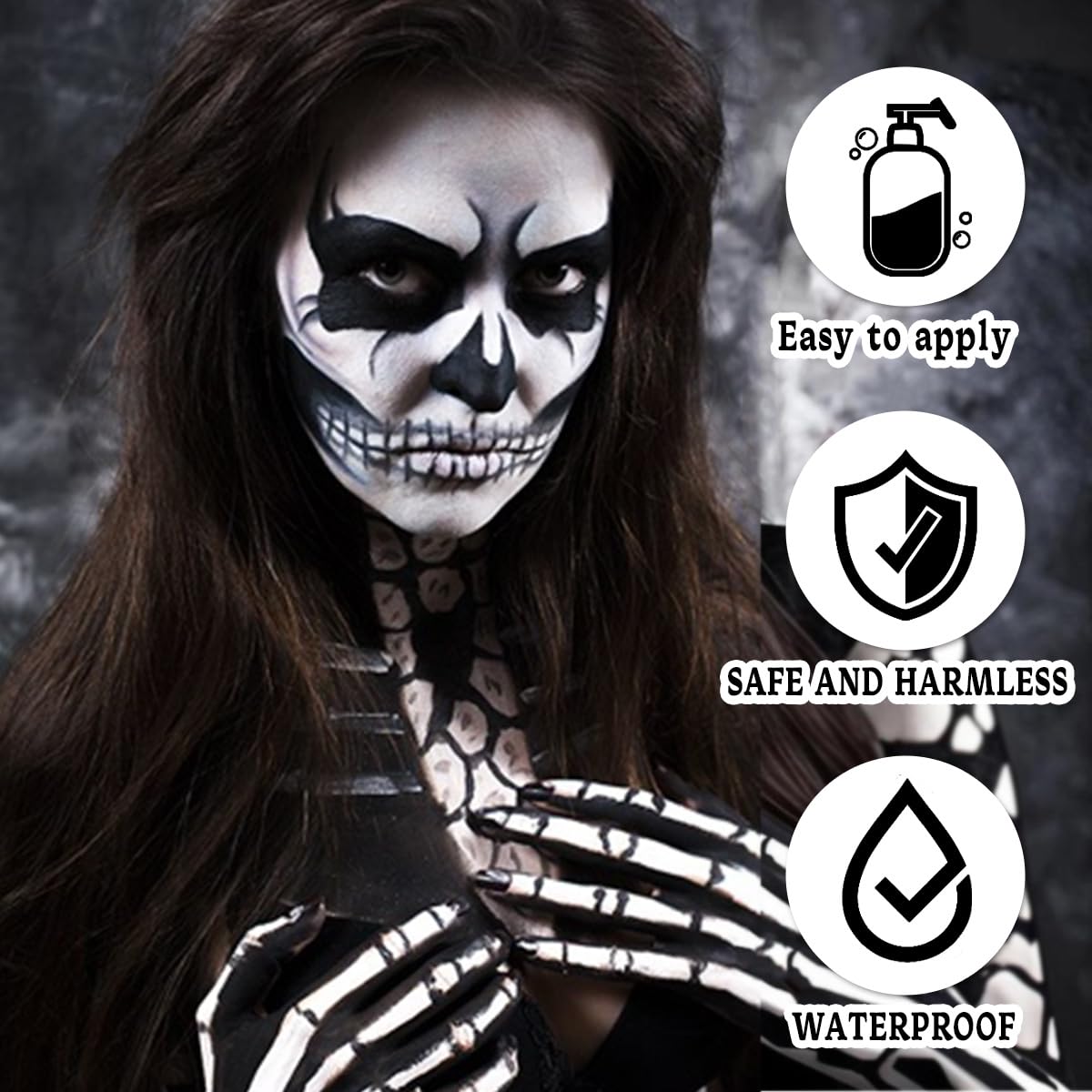 Makijaż na Halloween, 140 g, czarno-biały (70 g na sztukę), z 2 pędzlami + 2 pudrem pudru, farba do twarzy na Halloween, do makijażu teatralnego, szkieletu, zombie, wampira, makijażu karnawałowego