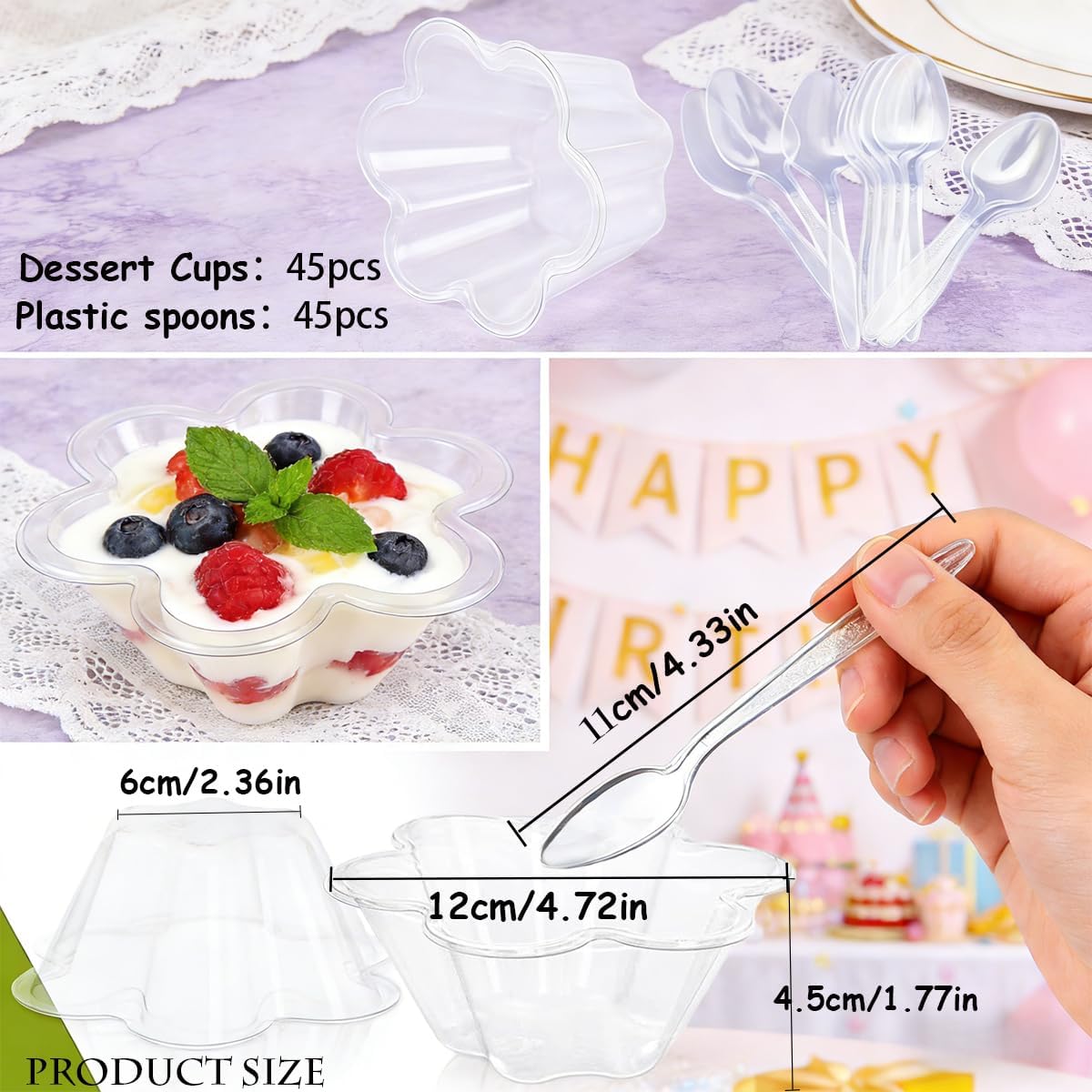50 Clear Flower Dessert Cups with Spoons, Plastic Ice Cream Bowls
