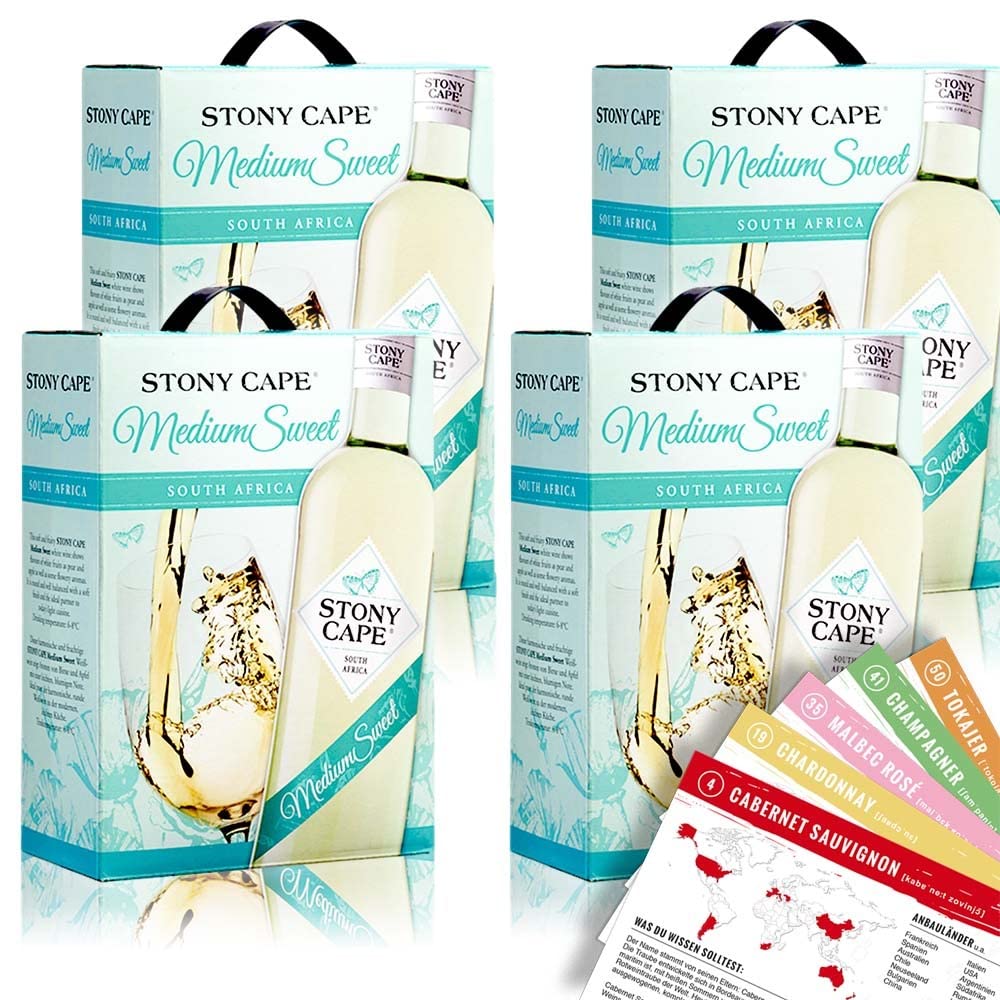 Stony Cape Medium Sweet Weiß, lieblich, Bag-in-Box, sortenreines Weinpaket + VINOX Winecards (4x3,0l)