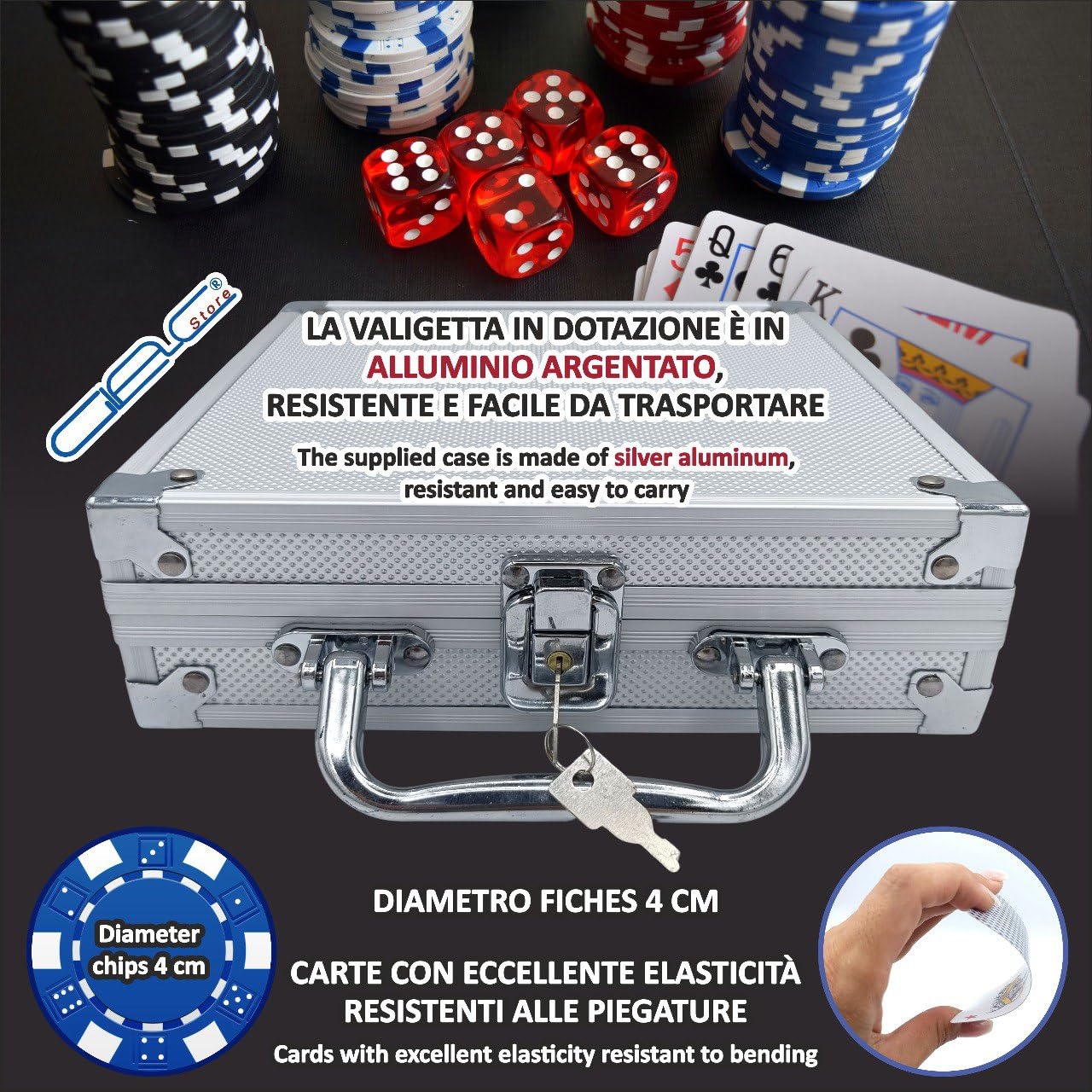 Valigetta da Poker Texas Hold’em Blackjack con 100, 200, 300 Chips Fiches, 2 Mazzi di Carte, 5 Dadi e Dealer - Colore Argento (100)