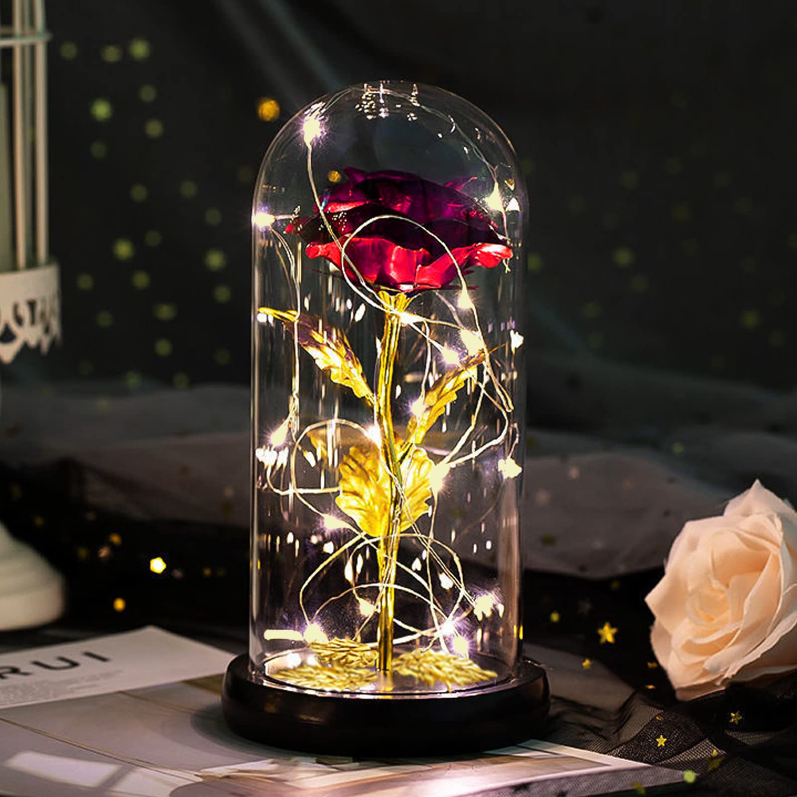 Regalo San Valentino per Lei Rosa Eterna Idee Regalo Donna Compleanno Rose Bella e la Bestia Regali San Valentino Rose Incantate in Cupola Vetro con Luci LED Regalo Mamma Amica Fidanzata Ragazza Nonna