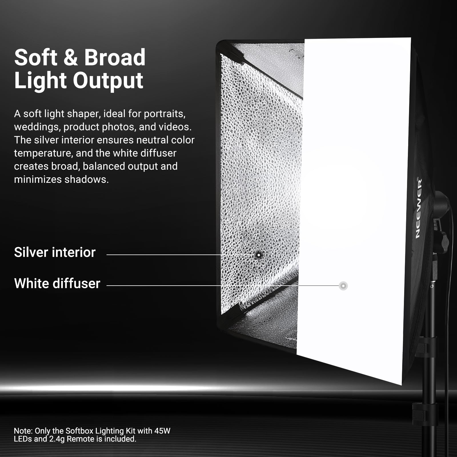 NEEWER Kit di illuminazione Softbox equivalente da 61 x 61 cm, 450 W, con supporto per treppiede, lampadina LED bicolore da 45 W 2,4 G, telecomando, 10 canali 2900K-7000K 1400lx/1 m CRI95 Studio