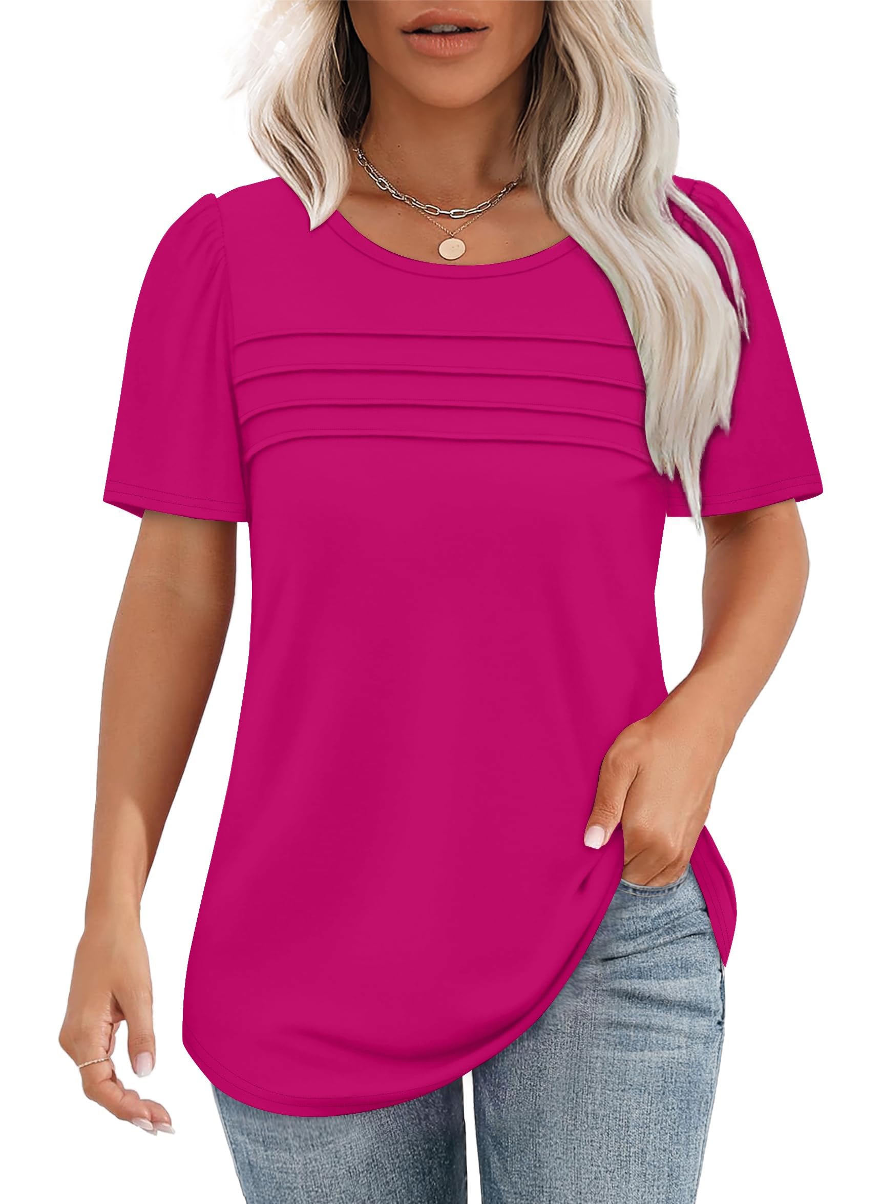 isermeo Womens T Shirts Short Puff Sleeve Summer Tops Dressy Casual Blouses Scooped Neck Outfits Flowy Pleated Front
