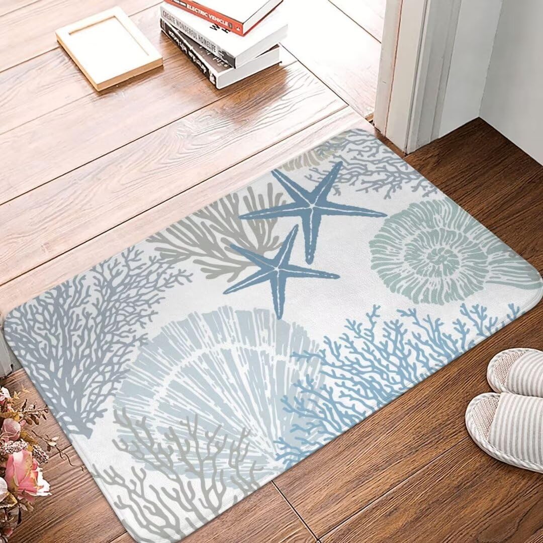 Coastal Beach Bath Mats for Bathroom,Nautical Ocean Seashells Starfish Absorbent Bath Rug Non-Slip Floor Rug Carpets Door Mat Washable Area Rugs for