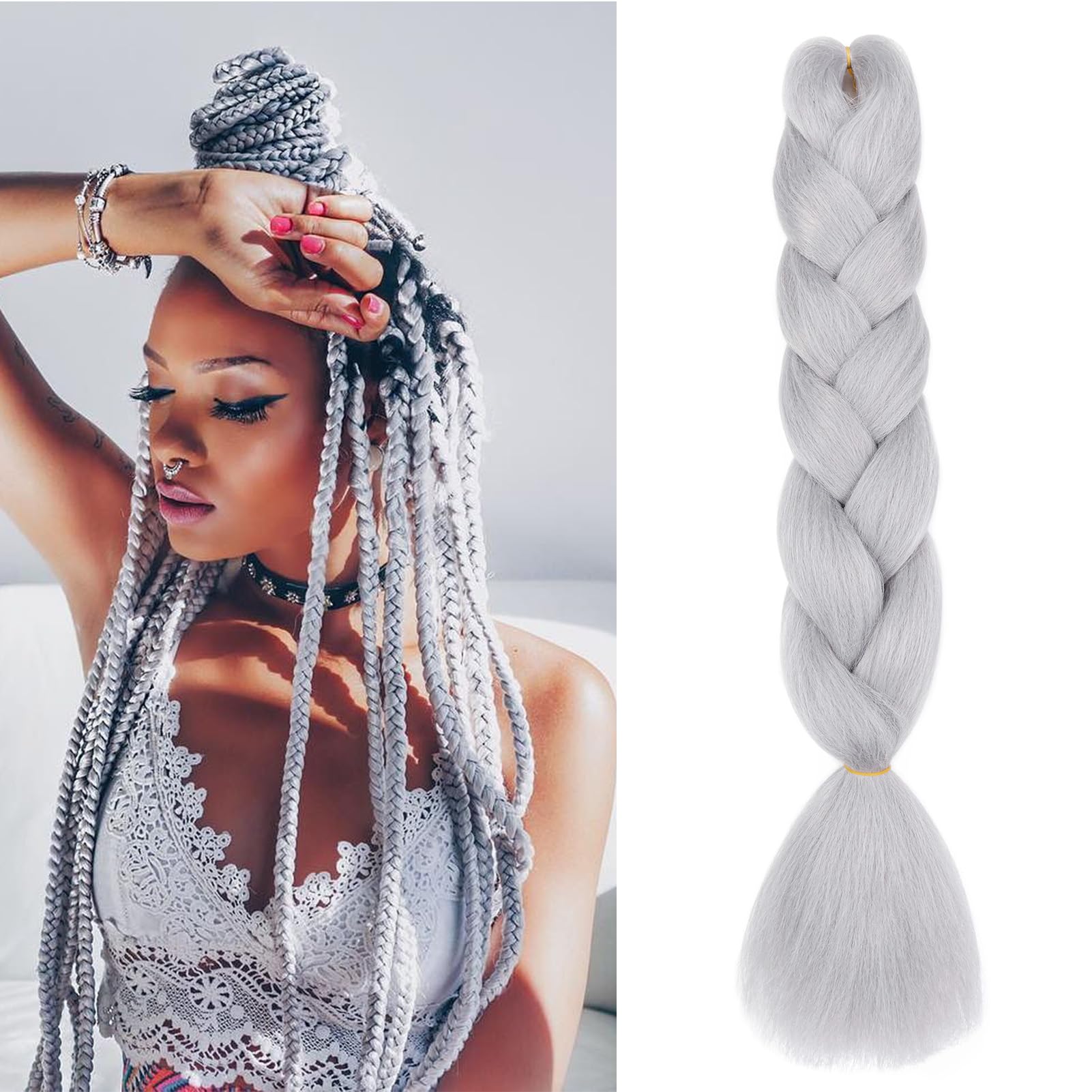 Dcbaboo Extension per Treccine Africane Grigio 60cm Kanekalon Extension Treccine Africane Capelli Finti per Treccia Capelli Sintetici 1 Ciocca Ombre Jumbo Braiding Hair, Grigio chiaro