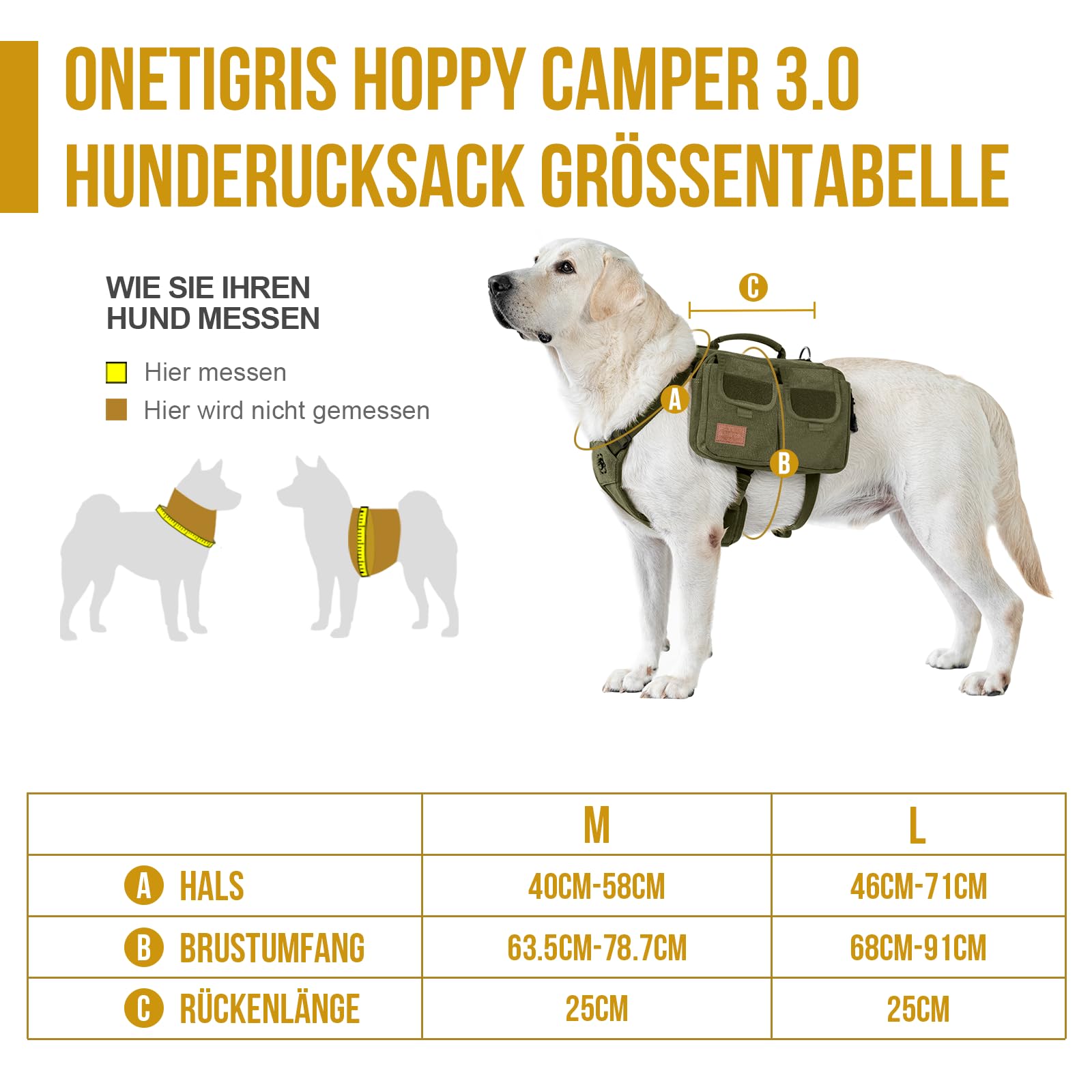OneTigris Harnais pour Chien Hoppy Camper 3.0 - Sac à Dos avec 2 Poches Principales et 4 Secondaires pour Camping et Randonnée - pour Chiens Moyens/Grands - Vert L