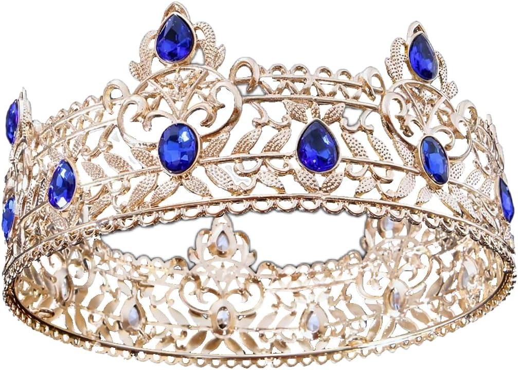 – SYOSI Gold King Crown with Blue Rhinestone, Royal Birthday Crown for Men's Cosplay Headwear