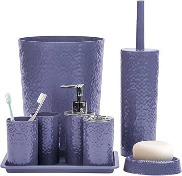Rosewill Bathroom Accessories 8-Piece Set Trash Can, Toilet Brush with Holder, Lotion Dispenser, Toothbrush Holder, 2 Toothbrush Cups, Soap Dish & Tray - Lavender