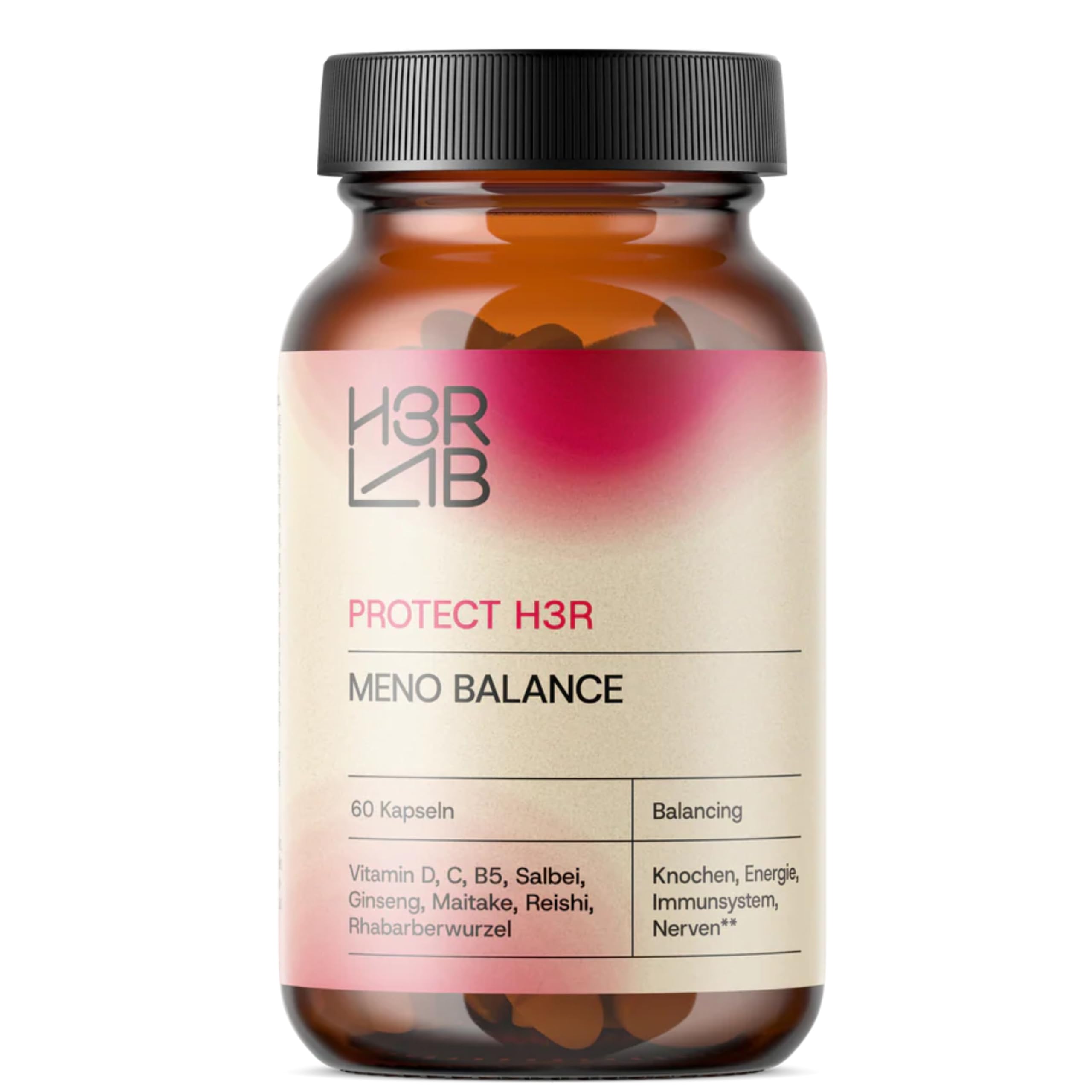Meno Balance – Nahrungsergänzungsmittel mit Salbei, Rhapontik-Rhabarber, Ginseng & Vitalpilzen | Mit Vitamin D3, C & B5 für Knochen, Energie & Immunsystem (60 Kapseln)