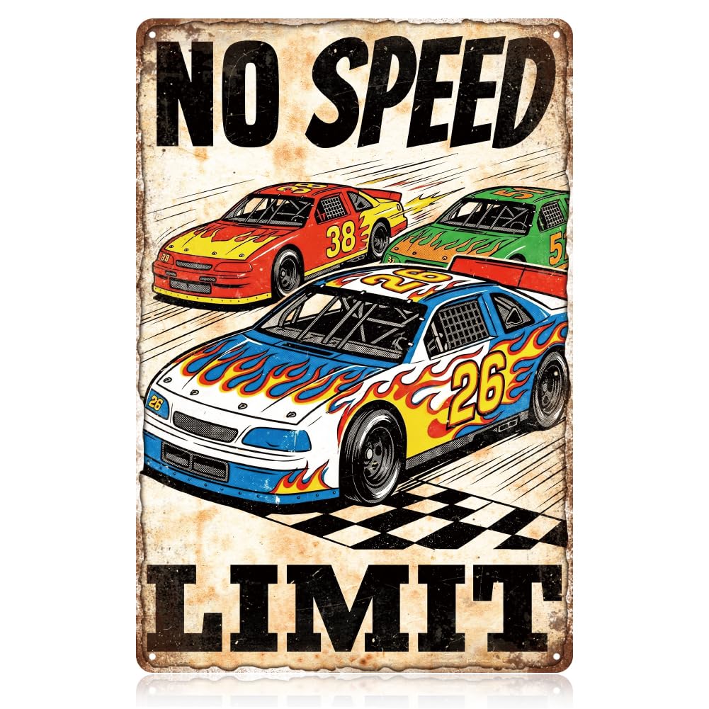 WADORN Vintage Racing Metal Tin Sign 8x12 Inch No Speed Limit Retro Wall Art Funny Racing Car Garage Decor Poster Plaque Gift for Men Workshop Man Cave Garage Bar Pub Bachelor Pad