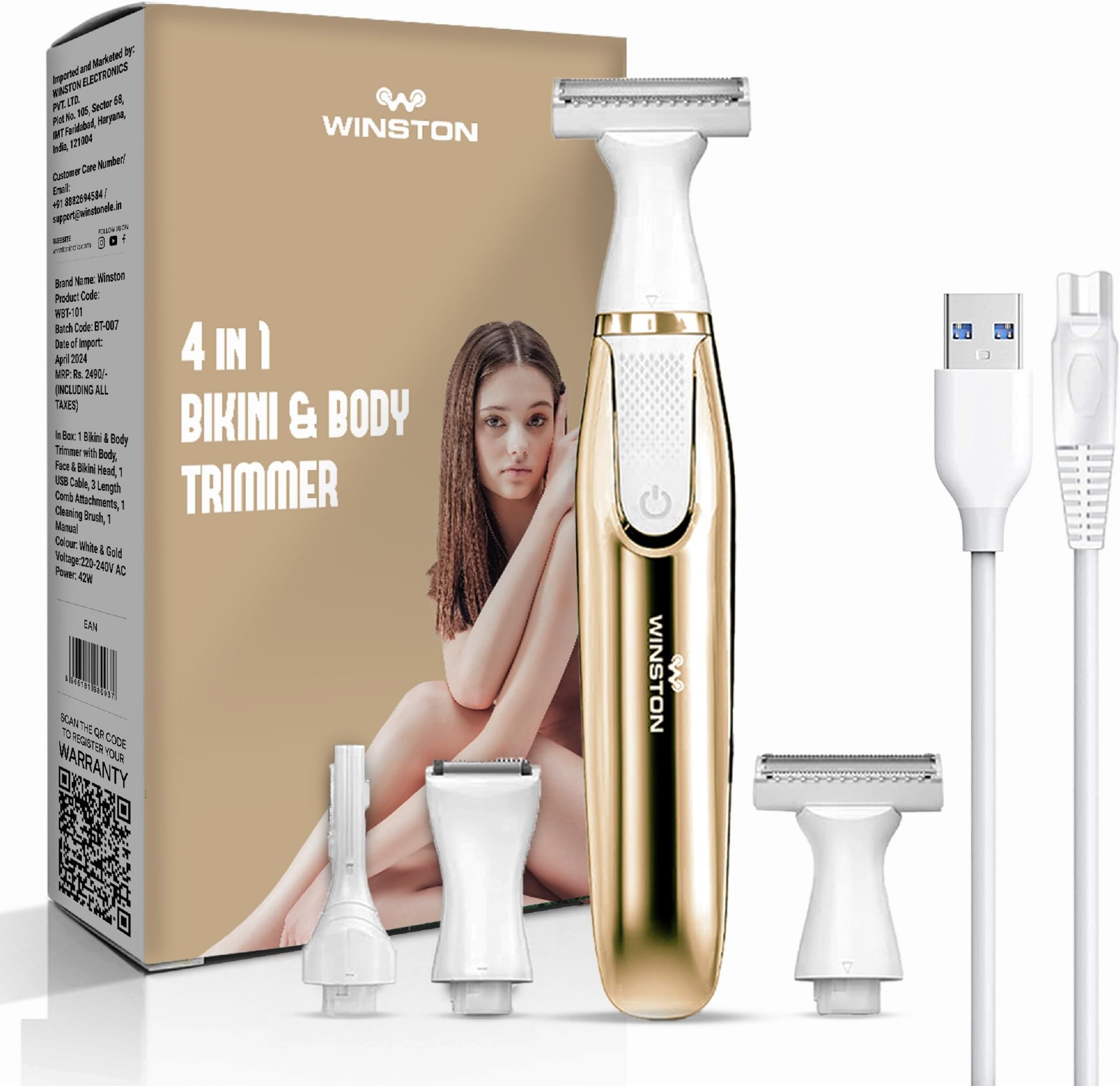 Rechargeable Full Body and Bikini Trimmer Rechargeable Electric Shaver for Women (4 IN 1),Gold