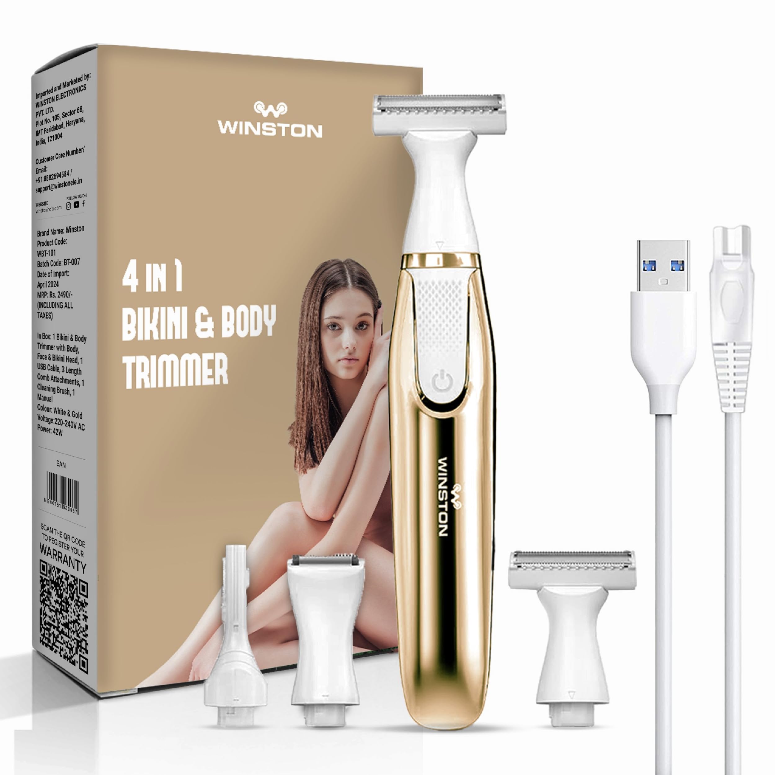 WINSTON 4 in 1 Rechargeable – Trimmer for Women Private Part, Face & Body | Bikini Trimmer for Woman | Eyebrow Trimmer & Electric Shaver Grooming Kit (4 in 1)