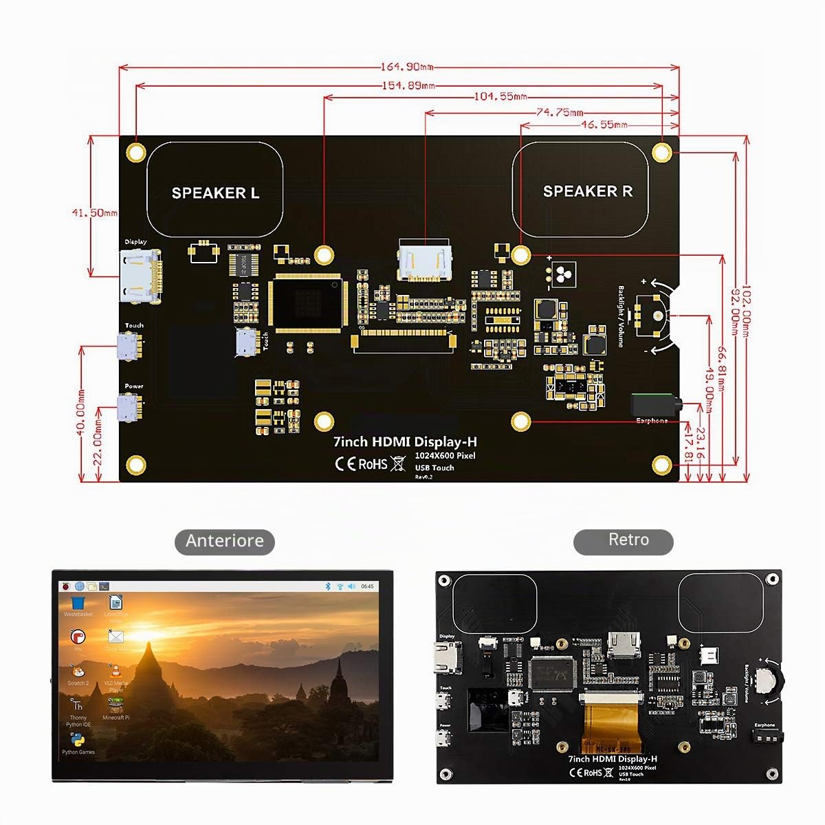 ELECROW Monitor Touchscreen 7 pollici per Raspberry Pi, Schermo IPS Portatile con Risoluzione 1024x600, Compatibile con PC, Console da Gioco, BB Black, Banana Pi, Jetson Nano