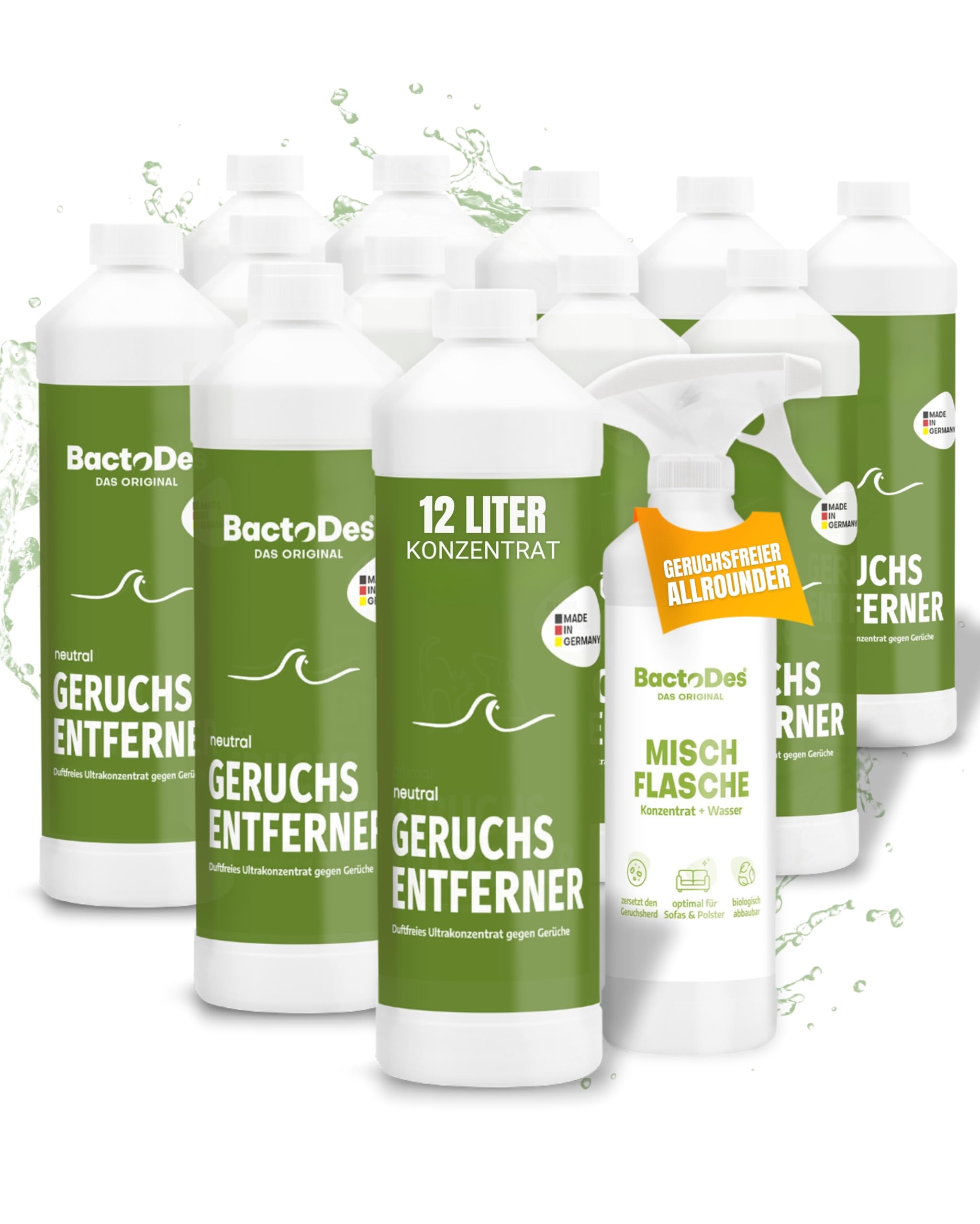 BactoDes - Neutral geruchsloser&probiotischer Allzweckreiniger 12x1L Konzentrat mit Sprayflasche - Spezial Geruchsneutralisierer mit Bio Mikroben-Wirkung - Effektiver Enzymreiniger & Geruchsentferner