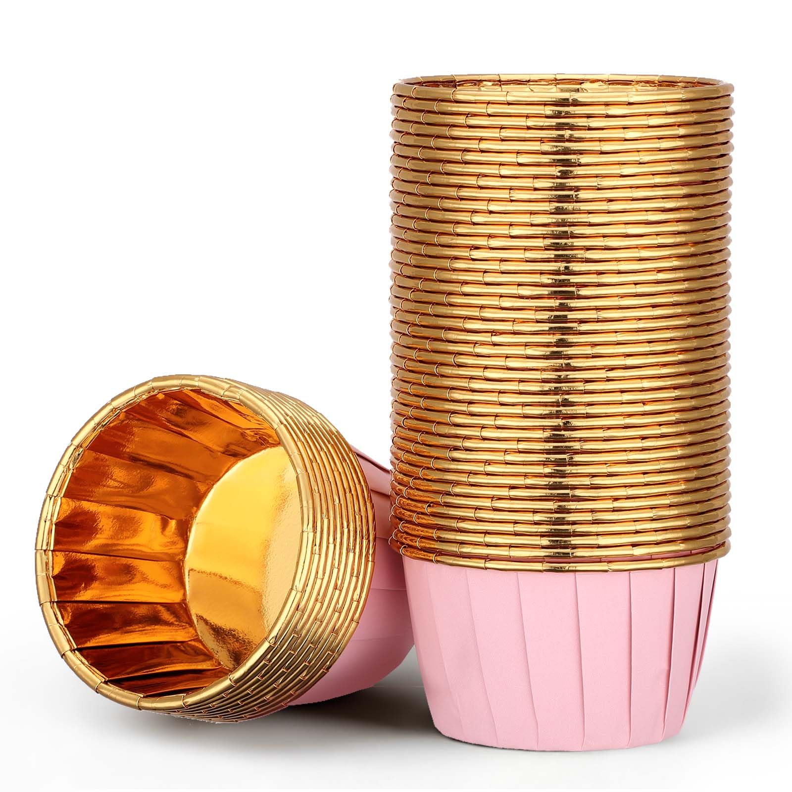 EUSOAR Cupcake Liners, 50pcs 3.5oz Aluminum Foil Wrappers Muffin Cupcake Containers, Disposable Dessert Ramekins Paper Baking Cups Mini Cheesecakes Holders for Birthday Wedding Party-Pink/Gold