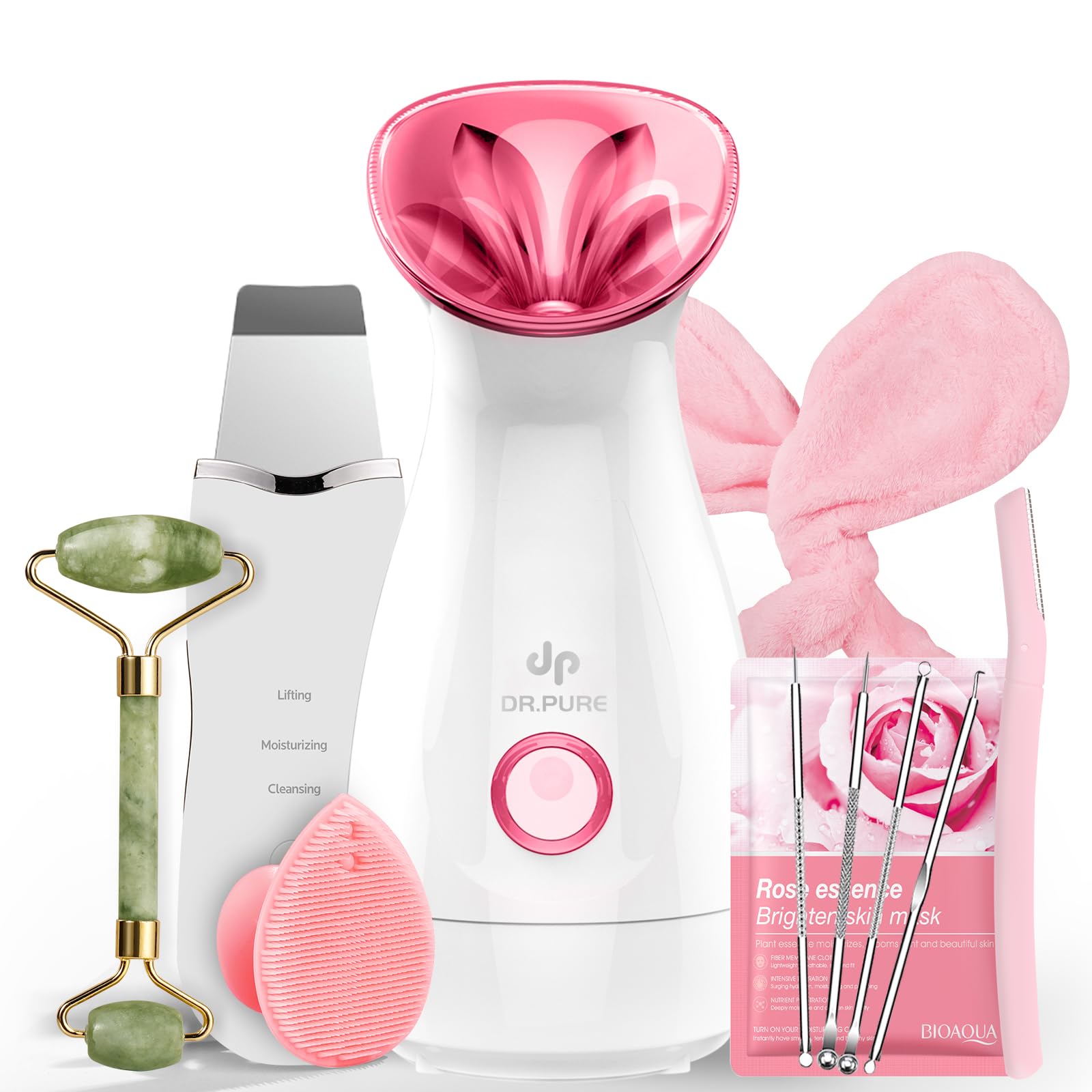 Facial Steamer Self-Care Gift Kit: Nano Ionic Face Steamer Deep Cleaning Unclogs Pores - Home Sauna Spa Humidifier Hot Mist for Women Men Sinus Moisturizing (Rose Pink)