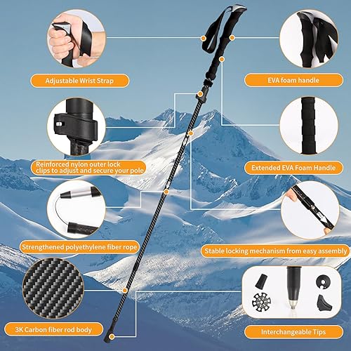 Miniatura 3 de Bastones de senderismo de fibra de carbono  Bastones de senderismo plegables ultraligeros para adultos, paquete de 2 bastones duraderos con bloqueo