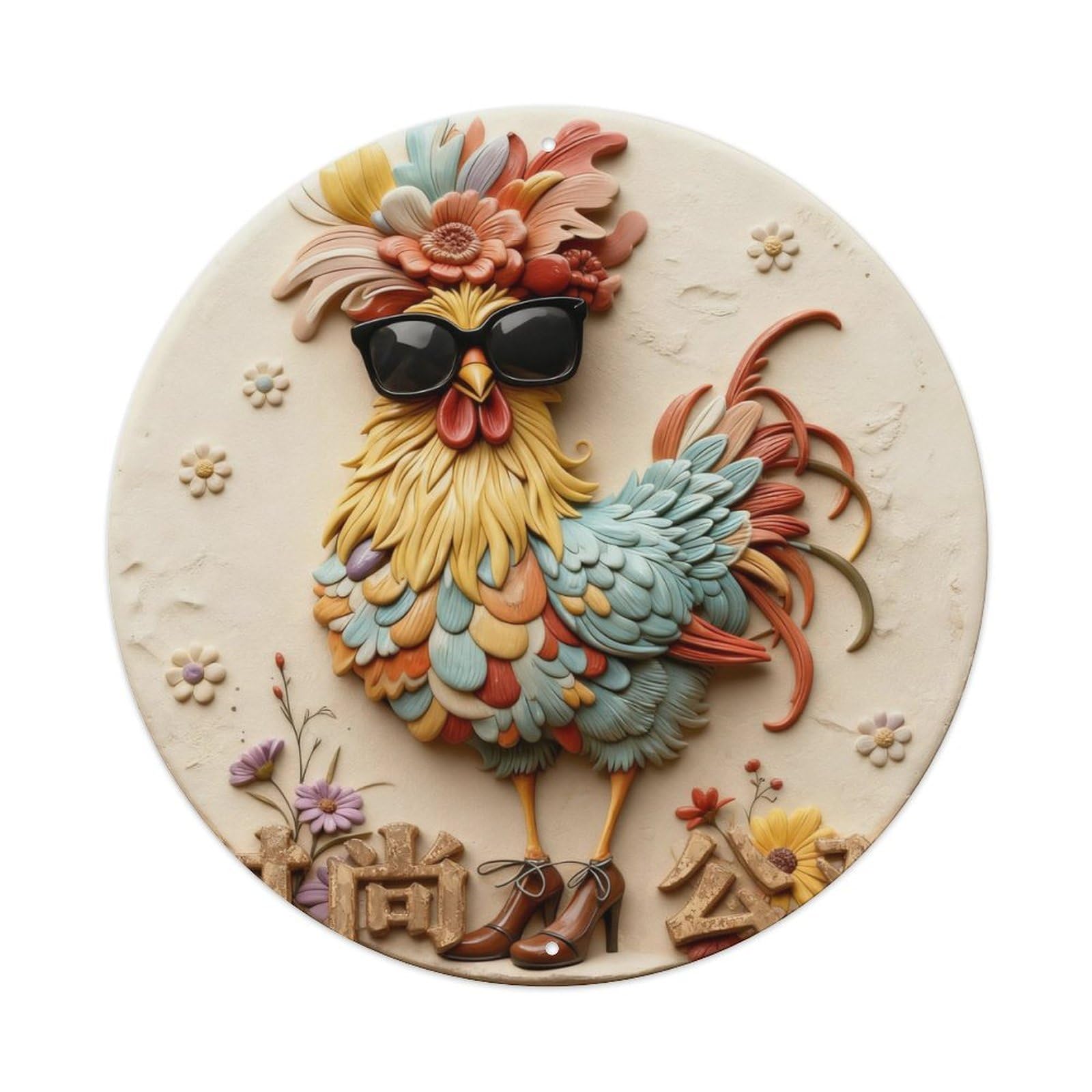 Colorful Rooster With Flowers And Sunglasses Round Metal Tin Sign Vintage Wall Decor, Bar Garage Cafe Kitchen Home Wall Art Poster 8x8inches