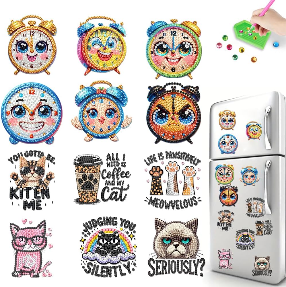 12 Pcs Diamond Art Refrigerator Magnets – Special Shaped Cat Alarm Clock Diamond Art Painting Stickers DIY Fridge Decoration Kit for Adults Craft & Gift