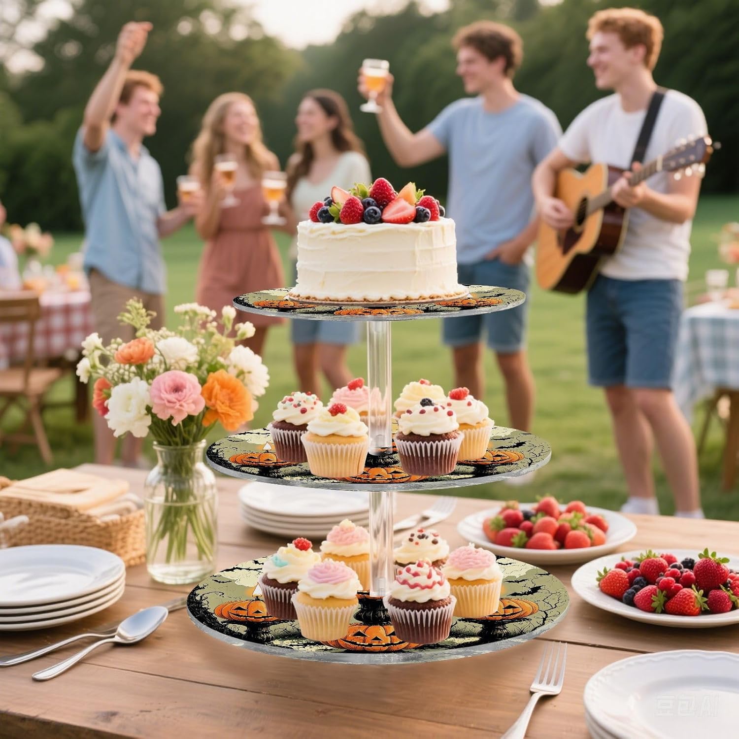 Pumpkin Candle Bats Moon Halloween 3 Tier Acrylic Cupcake Stand, Cupcake Stand for 34 Cupcakes for Weddings, Christmas,Holidays,Parties,Birthday,Printed Cupcake Tower 23301055