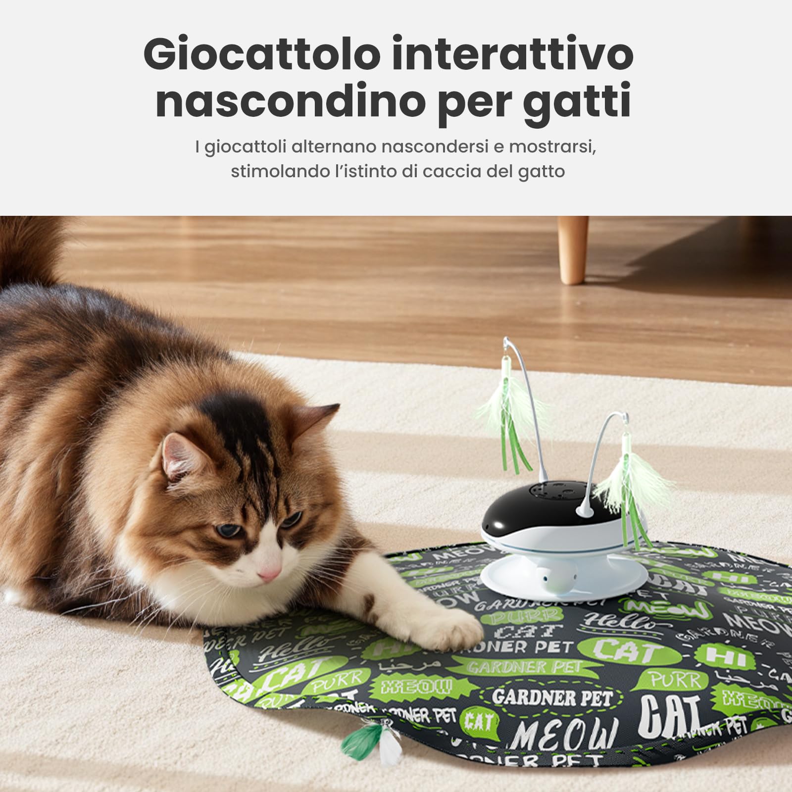Gardner Pet Giocattolo per Gatti, 5 in 1 Elettrico Interattivo Automatico per Gatti, Gioco con Nascondino, Giocattolo con Piume, Laser, Palline e Suoni di Uccelli, Ricarica USB, Verde