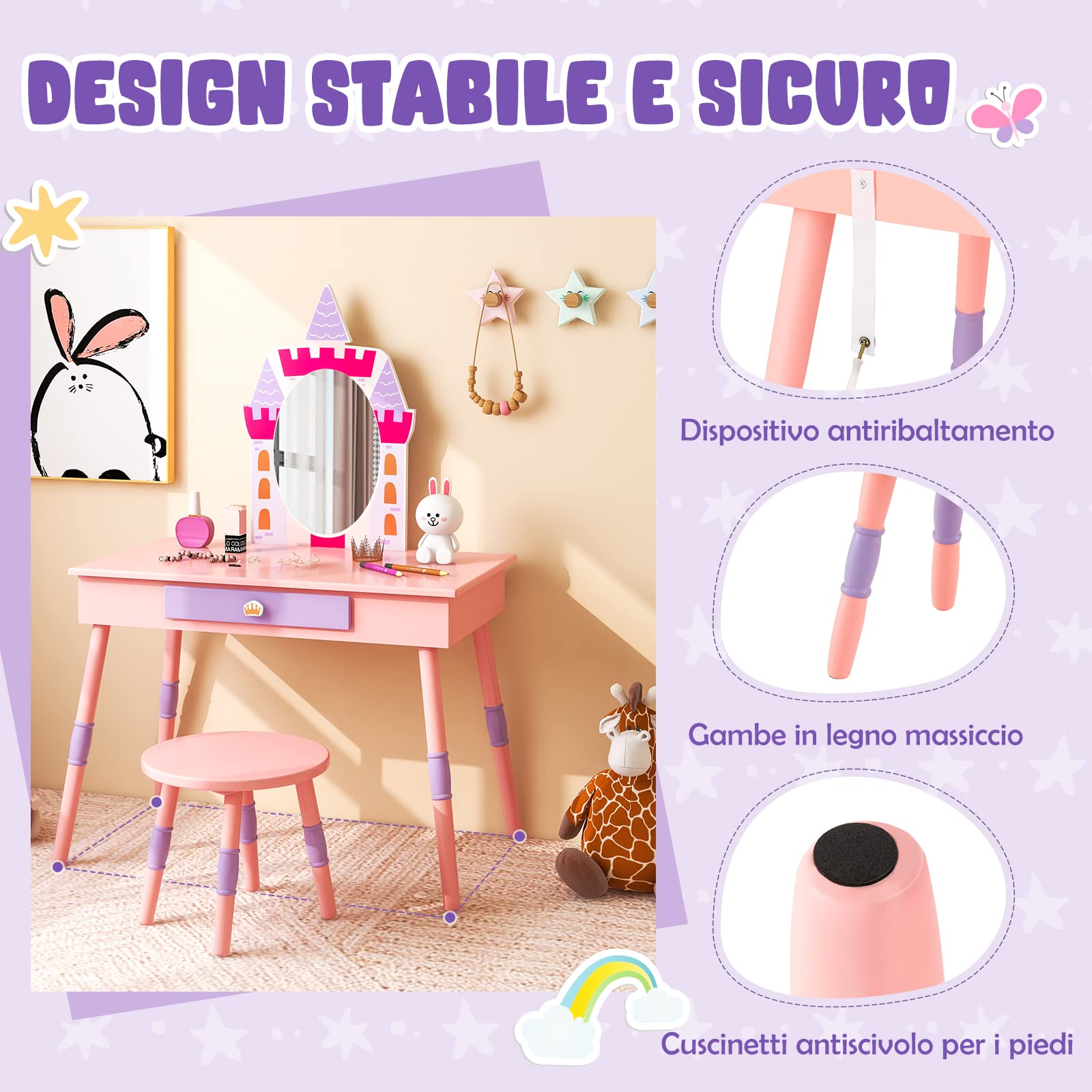 COSTWAY 2 in 1 Toeletta Trucco per Bambina 3+ Anni, Postazione Trucco per Ragazza in Legno con Sgabello e Cassetto e Accessori, 74 x 39 x 101 cm, Rosa