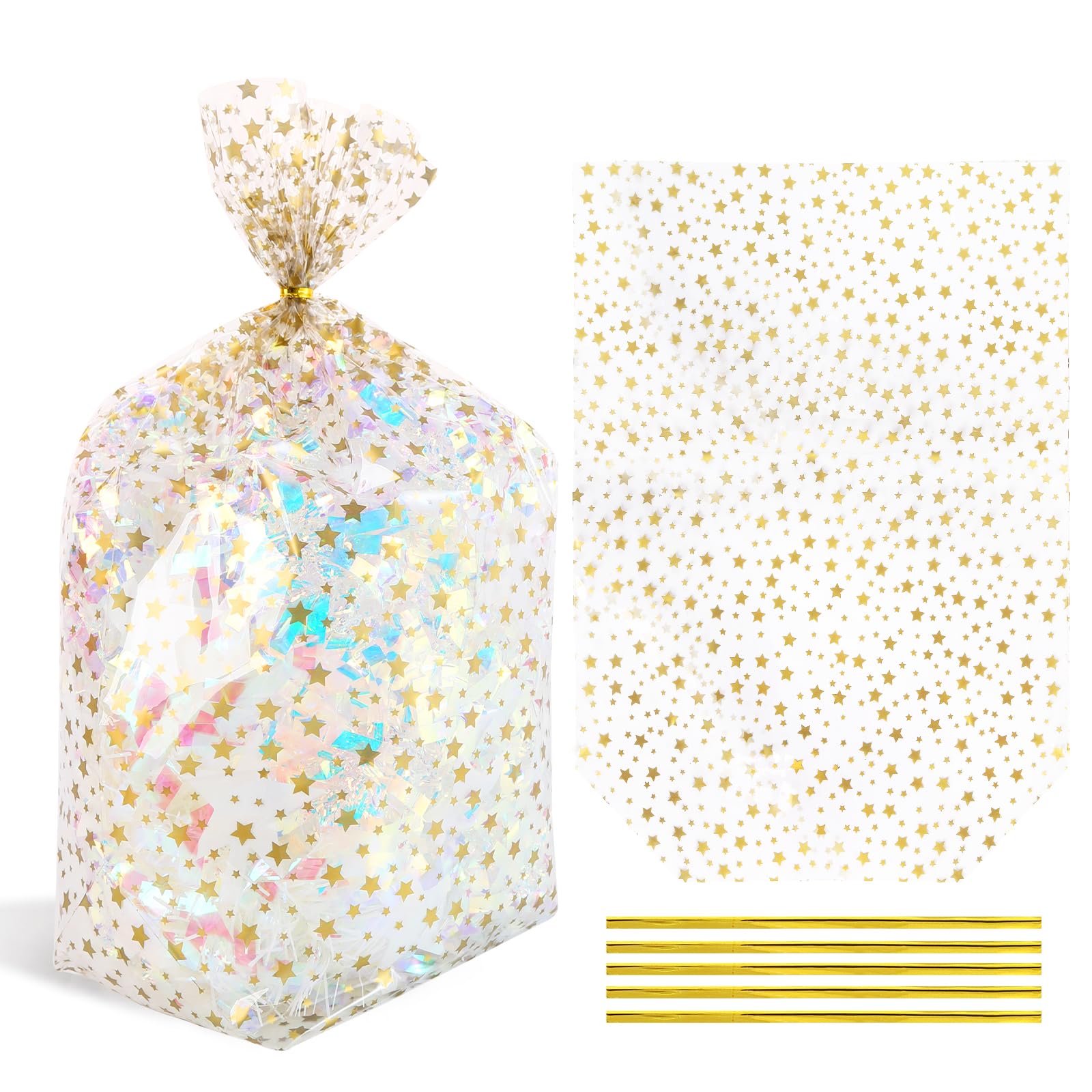 SOMIOCO Gold Star Flat Bottom Gusset Cellophane Bags 11X 14 IN 100 PCS Clear Gift Party Favor Cello Treat Goodie Bags for Packaging Candy Cookies