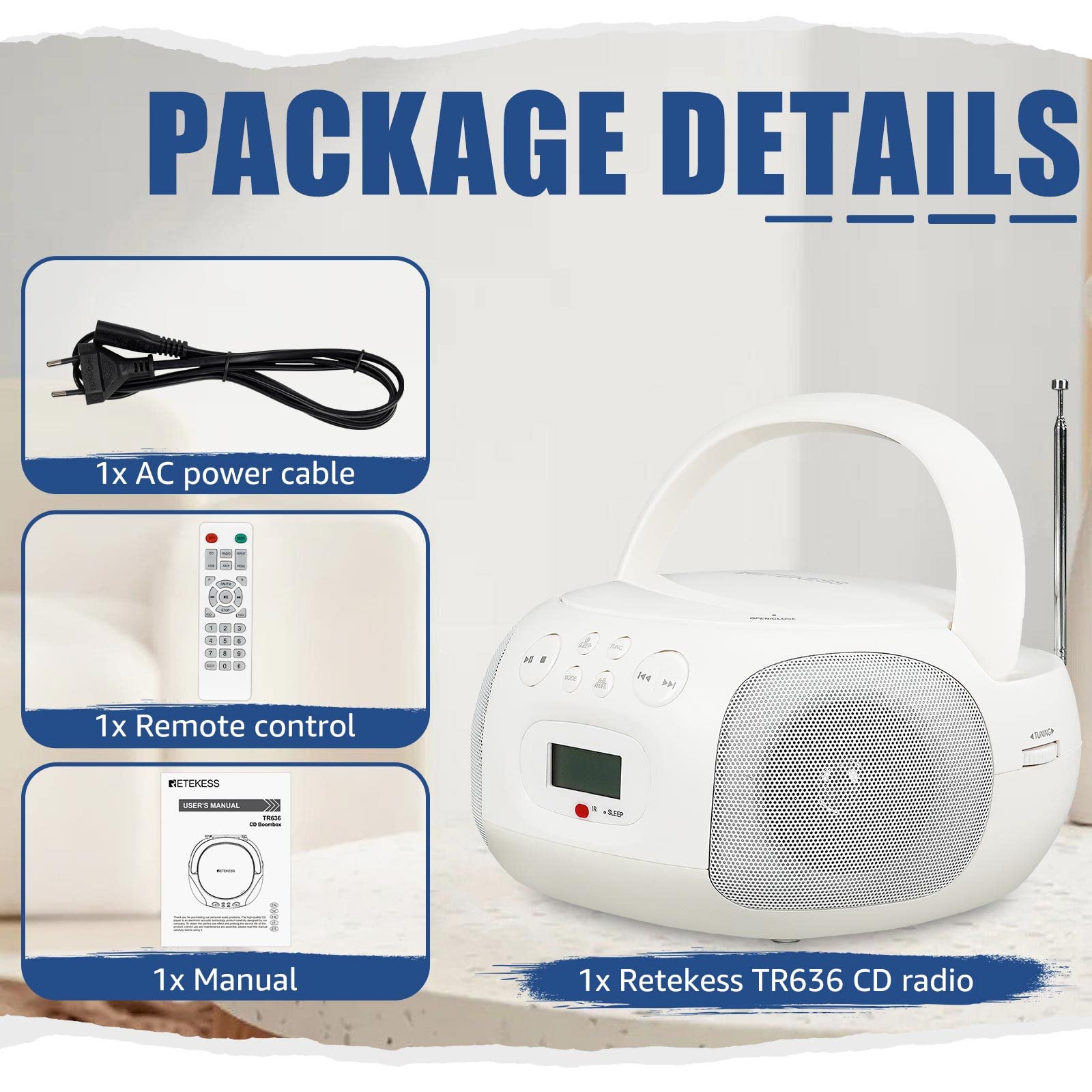 Retekess TR636 Player Portable CD,Boombox Bluetooth,Radio FM Am, USB AUX,Se Puede Cargar,Operación Simple,Adecuada para niños y Ancianos (Blanco)