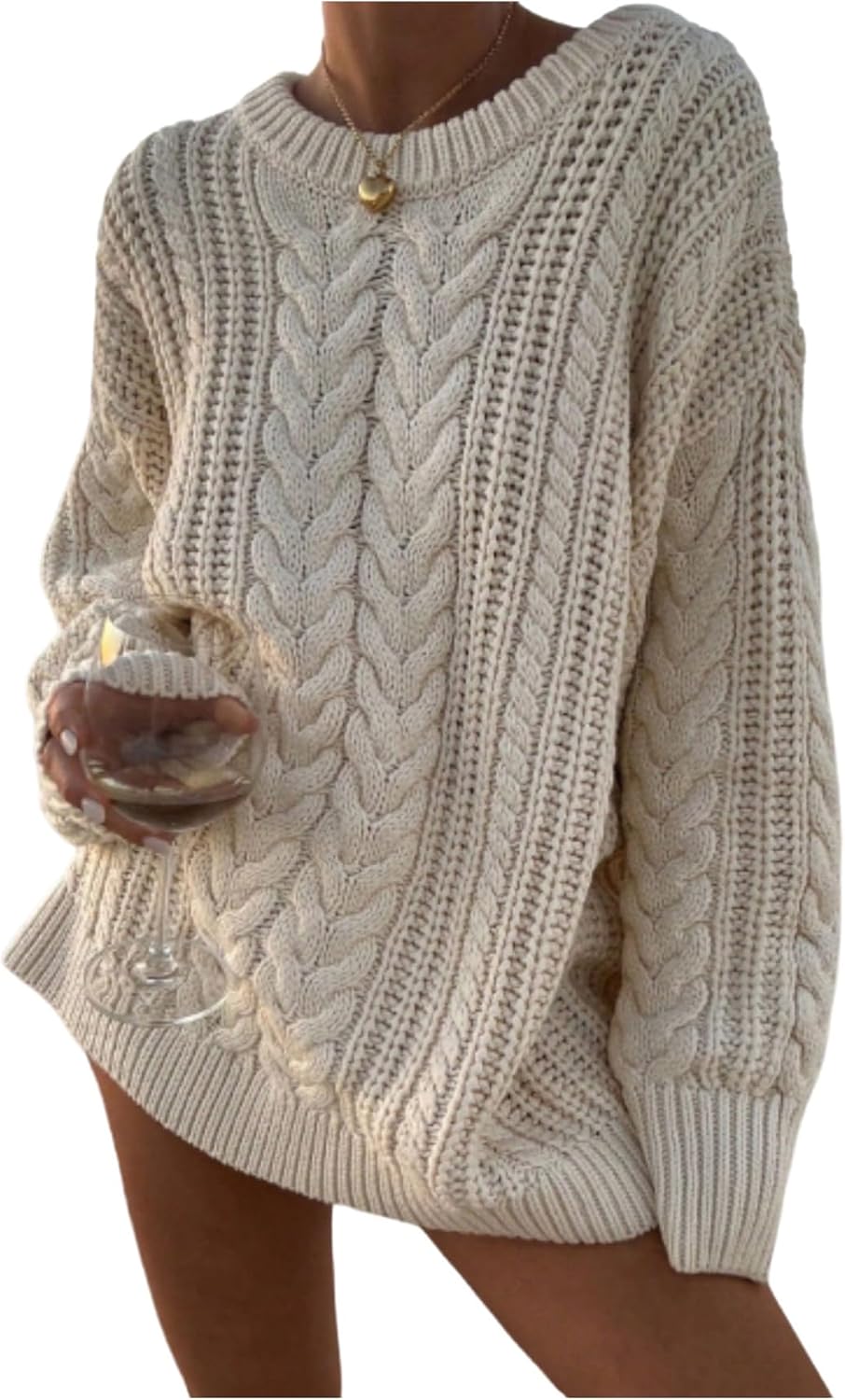 Women's Oversized Cable Knit Sweater Crewneck Long Sleeve Pullover Sweaters Fall Jumper Top