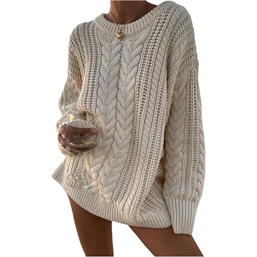 RoseSeek Women's Oversized Cable Knit Sweater Crewneck Long Sleeve Pullover Sweaters Fall Jumper Top