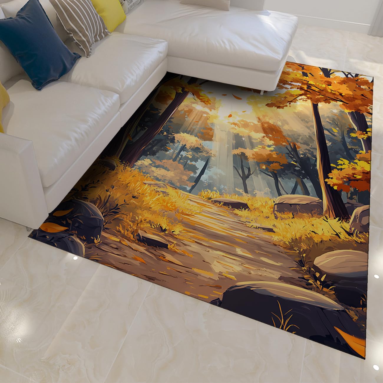 Tapis de salon poil court facile à nettoyer motif forêt d'automne