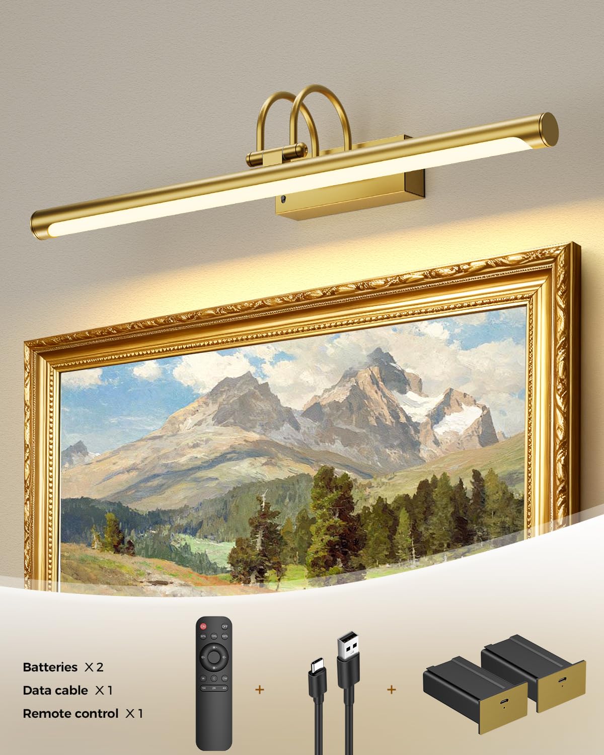 Lampada da parete ricaricabile wireless da 23,6 ″ con telecomando, grande lampada da parete a batteria per dipinti e arte, lampada da galleria a LED dimmerabile con timer, design in metallo regolabile