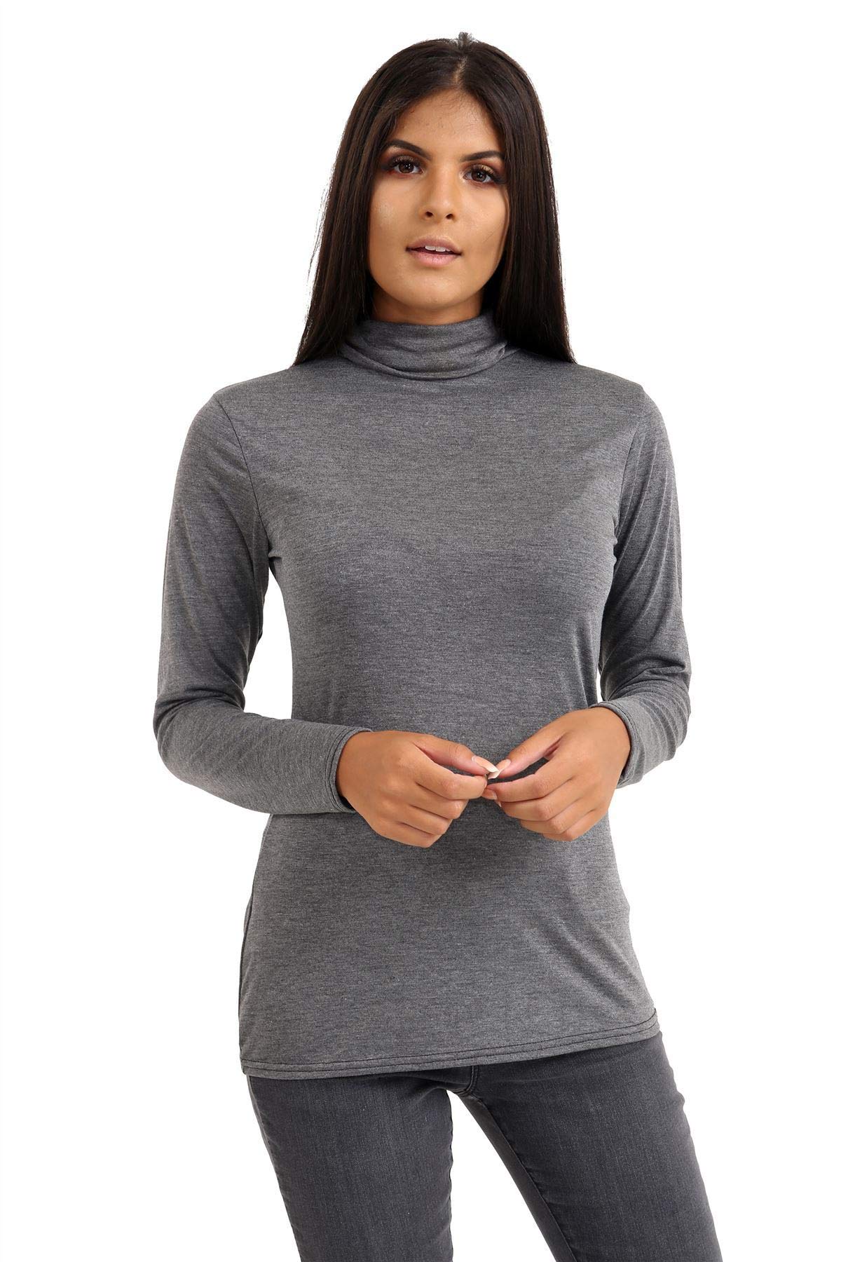 janisramone Womens Ladies Long Sleeve Turtle Polo Neck T-Shirt Slim Fit Jersey Casual Basic Plain Tee Vest Top Charcoal