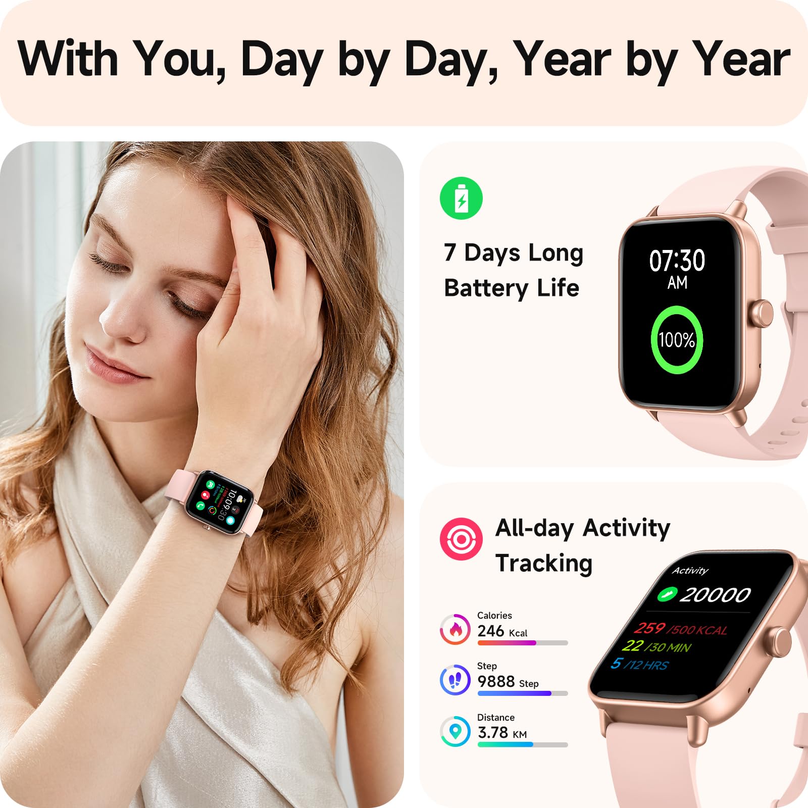 Smartwatch voor dames, met telefoonfunctie, 1,7 inch touchscreen, met